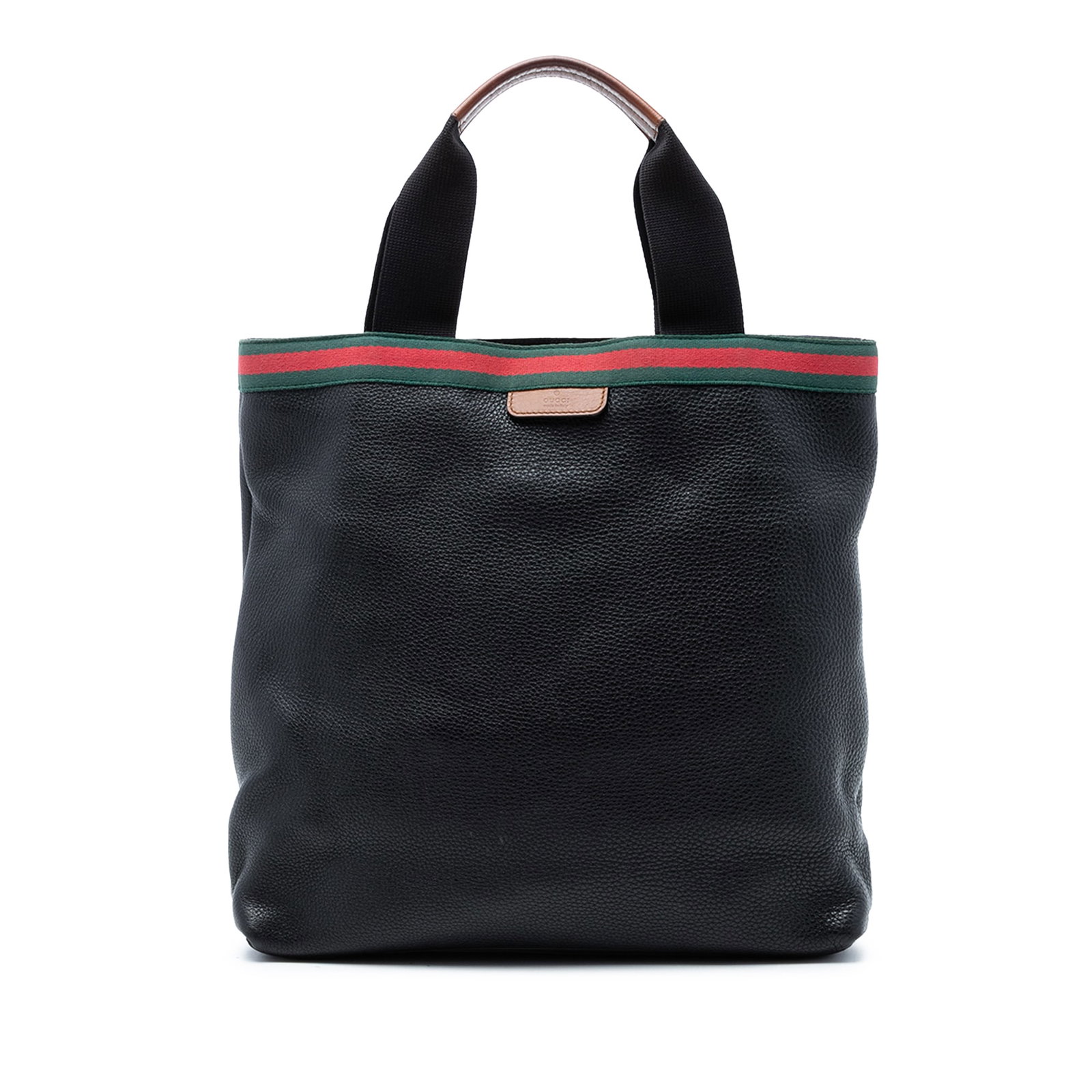 Gucci black leather Web Tote with canvas straps: Gucci black leather Web Tote with canvas straps This Gucci Calfskin Web Tote is crafted from quality leather and features flat canvas straps with leather trim. The bag has an open top with a lobster c