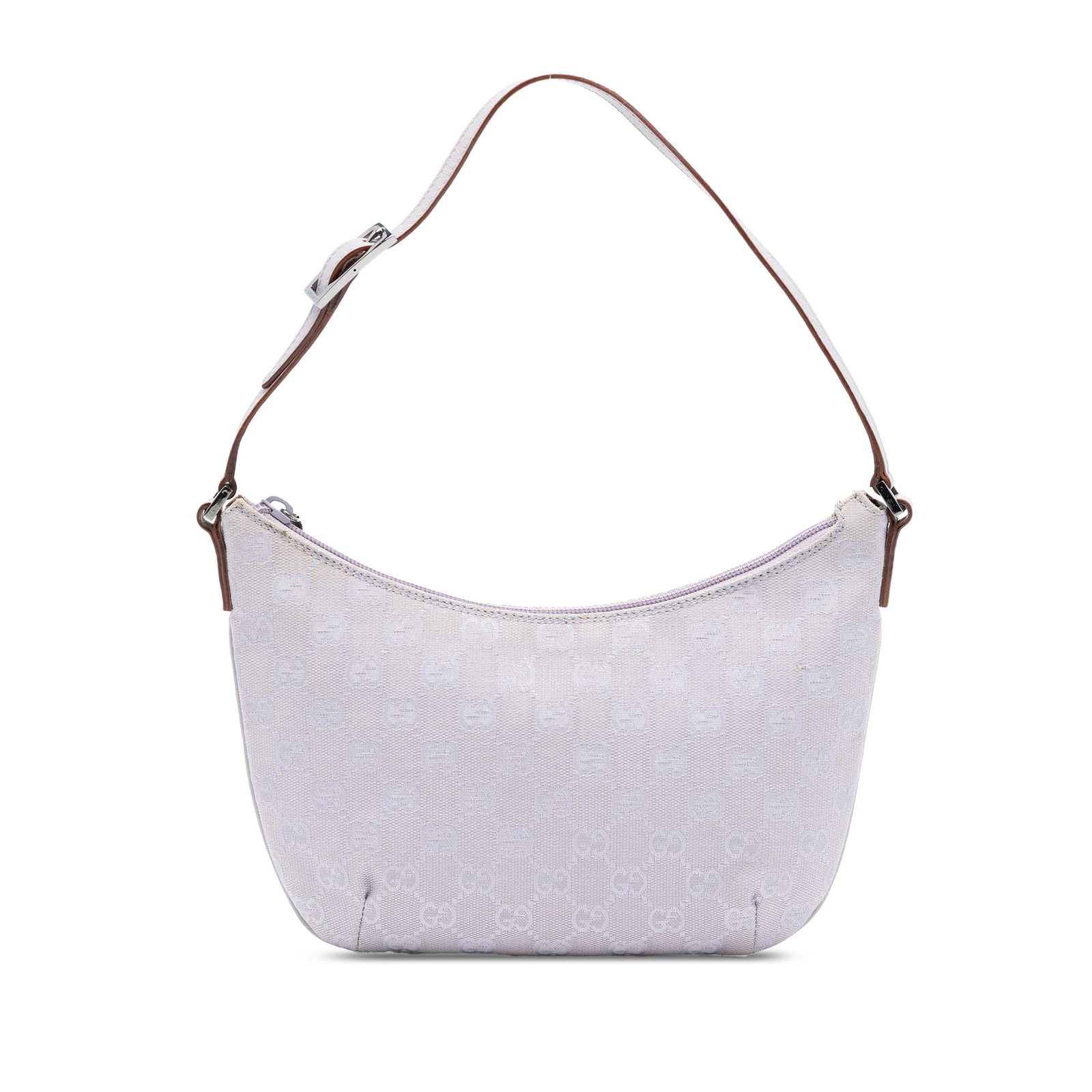 Gucci purple canvas shoulder bag with leather trim: Gucci purple canvas shoulder bag with leather trim This Gucci GG Canvas Shoulder Bag showcases a canvas body with leather trim, complemented by a flat leather strap and a top zip closure. The interior