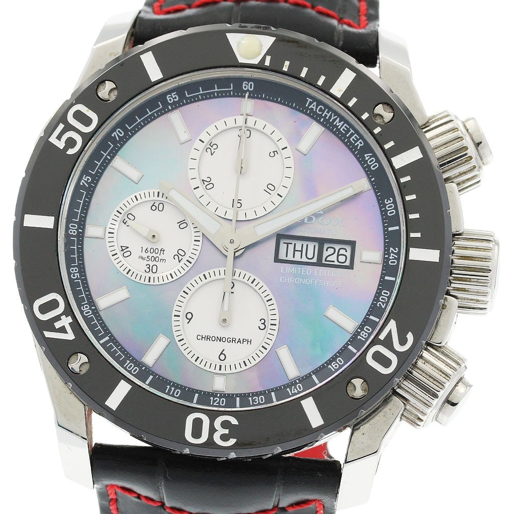 EDOX Chrono Offshore Automatic Day Date Chronograph 45mm Men's Watch: EDOX Chrono Offshore Automatic Day Date Chronograph 45mm Men's Watch This EDOX Chrono Offshore Day-Date Chronograph men's wristwatch features a stainless steel and ceramic case paired with a leather s