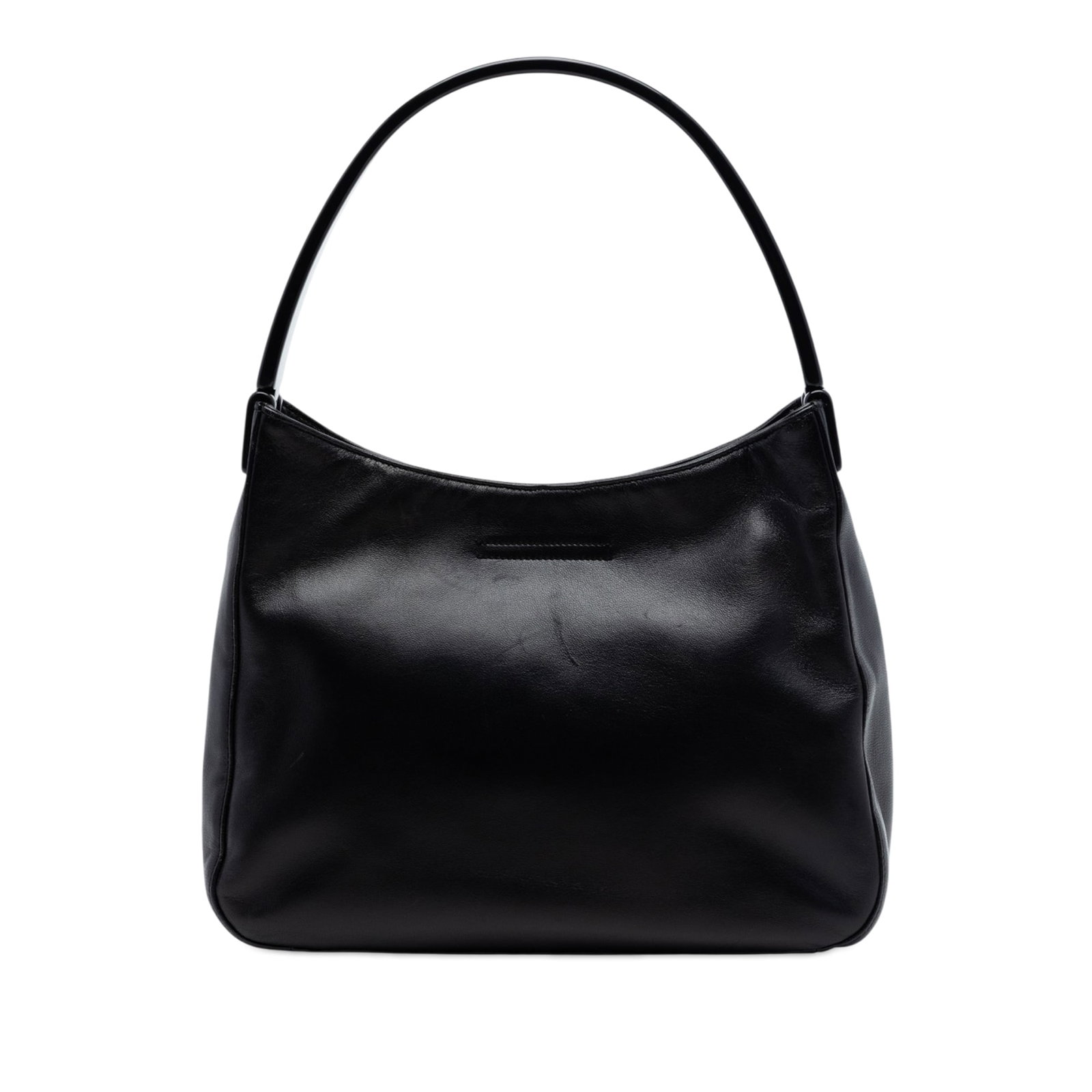 Prada black nappa leather snap top shoulder bag: Prada black nappa leather snap top shoulder bag This Prada shoulder bag is crafted from nappa leather and features a plastic handle, an open top with a snap closure, and an interior zip pocket. The ba