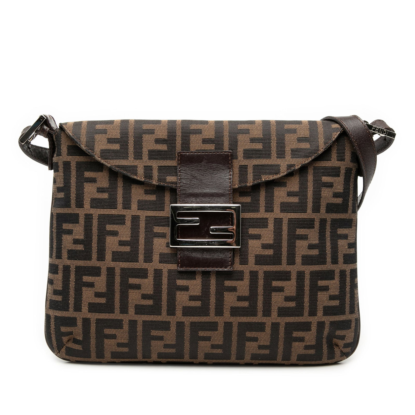 Fendi Zucca Pattern Canvas Shoulder Bag with Double Flap Closure: Fendi Zucca Pattern Canvas Shoulder Bag with Double Flap Closure The Fendi Zucca Canvas Double Flap Shoulder Bag features a brown canvas body with the iconic Zucca pattern, an adjustable flat leather 