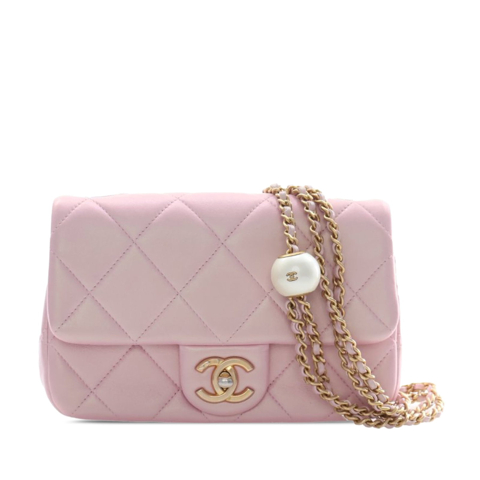 Chanel pink quilted lambskin flap bag pearl chain strap: Chanel pink quilted lambskin flap bag pearl chain strap This Chanel Mini Quilted Iridescent Lambskin Pearly Flap bag features a pink quilted lambskin leather body, complemented by a gold-tone leather-