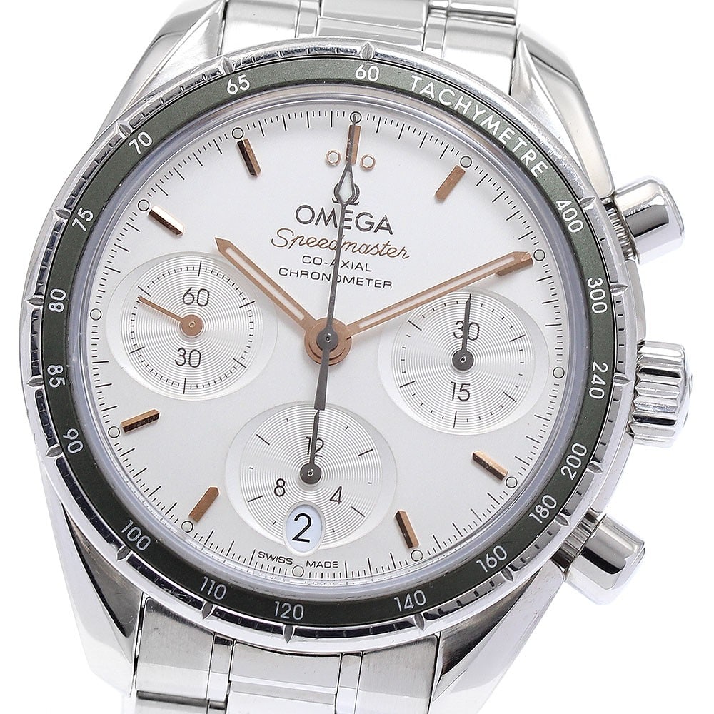 Omega Speedmaster 38 Automatic Chronograph Date Steel Watch: Omega Speedmaster 38 Automatic Chronograph Date Steel Watch This pre-owned OMEGA Speedmaster 38 Co-Axial Chronometer Automatic wristwatch features a stainless steel case and bracelet with a silver dia