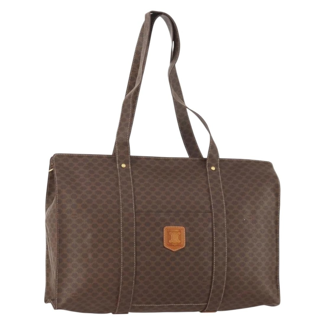 Celine Macadam Brown PVC Leather Large Tote Bag Gold Accents: Celine Macadam Brown PVC Leather Large Tote Bag Gold Accents This CELINE Macadam canvas tote bag features a classic brown and gold color scheme with PVC leather trim and Macadam canvas construction. D