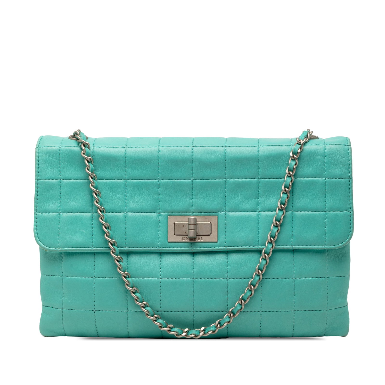 Chanel Reissue 2.55 Chocolate Bar Blue Quilted Lambskin Chain Shoulder Bag: Chanel Reissue 2.55 Chocolate Bar Blue Quilted Lambskin Chain Shoulder Bag This Chanel Chocolate Bar Lambskin Reissue 2.55 Chain Handbag features a blue quilted lambskin leather body with leather-wove
