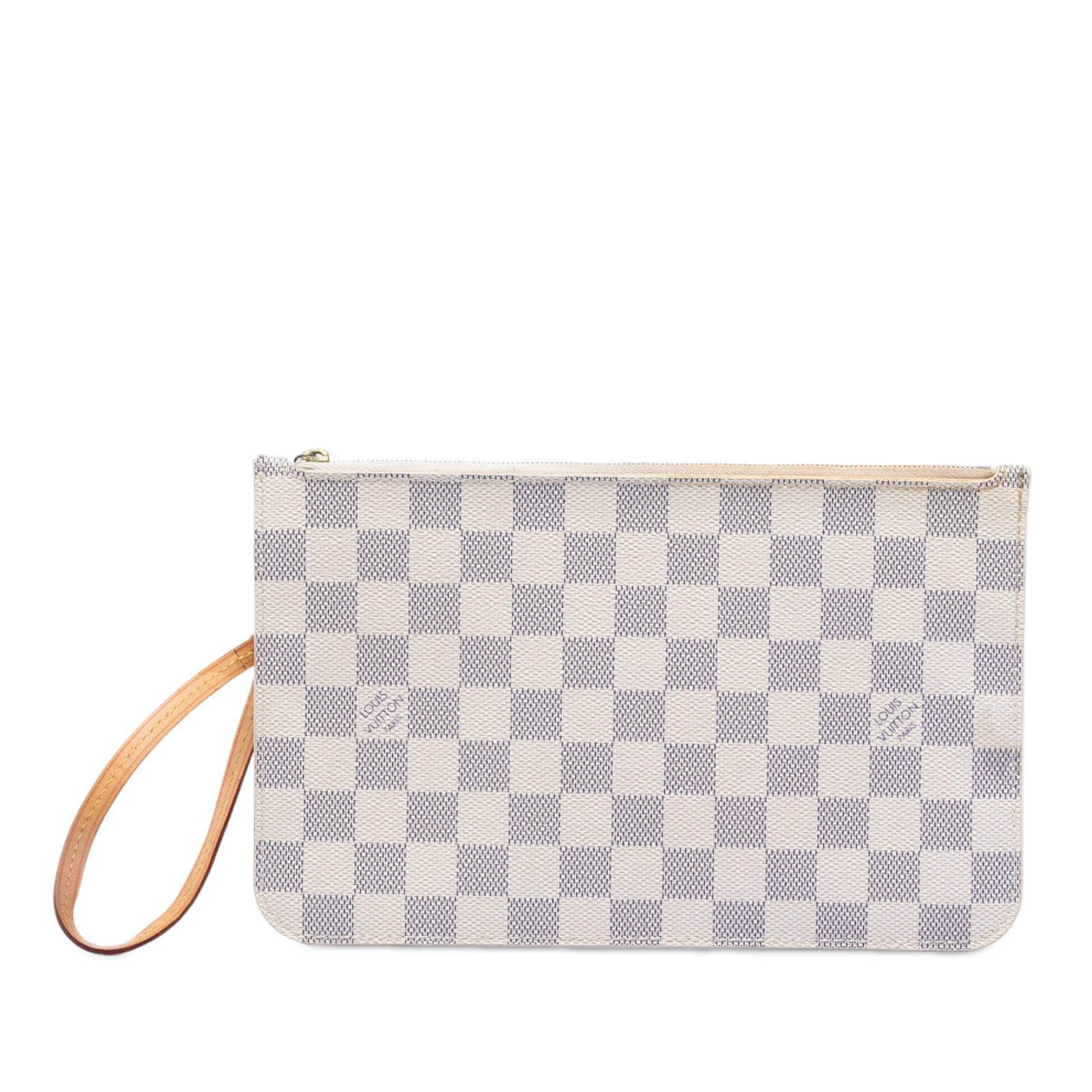 Louis Vuitton Neverfull MM Damier Azur Canvas Wristlet Pouch: Louis Vuitton Neverfull MM Damier Azur Canvas Wristlet Pouch This Louis Vuitton Neverfull MM pouch features the signature Damier Azur canvas with a flat vachetta leather wrist strap, a secure top zip 