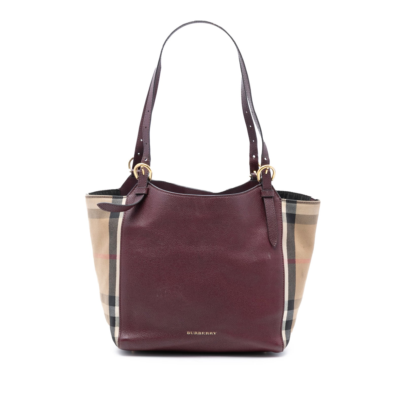 Burberry Canterbury Small Red Leather House Check Canvas Tote Bag: Burberry Canterbury Small Red Leather House Check Canvas Tote Bag This Burberry Small Leather and House Check Canvas Canterbury Tote features a leather body with signature house check canvas side pane
