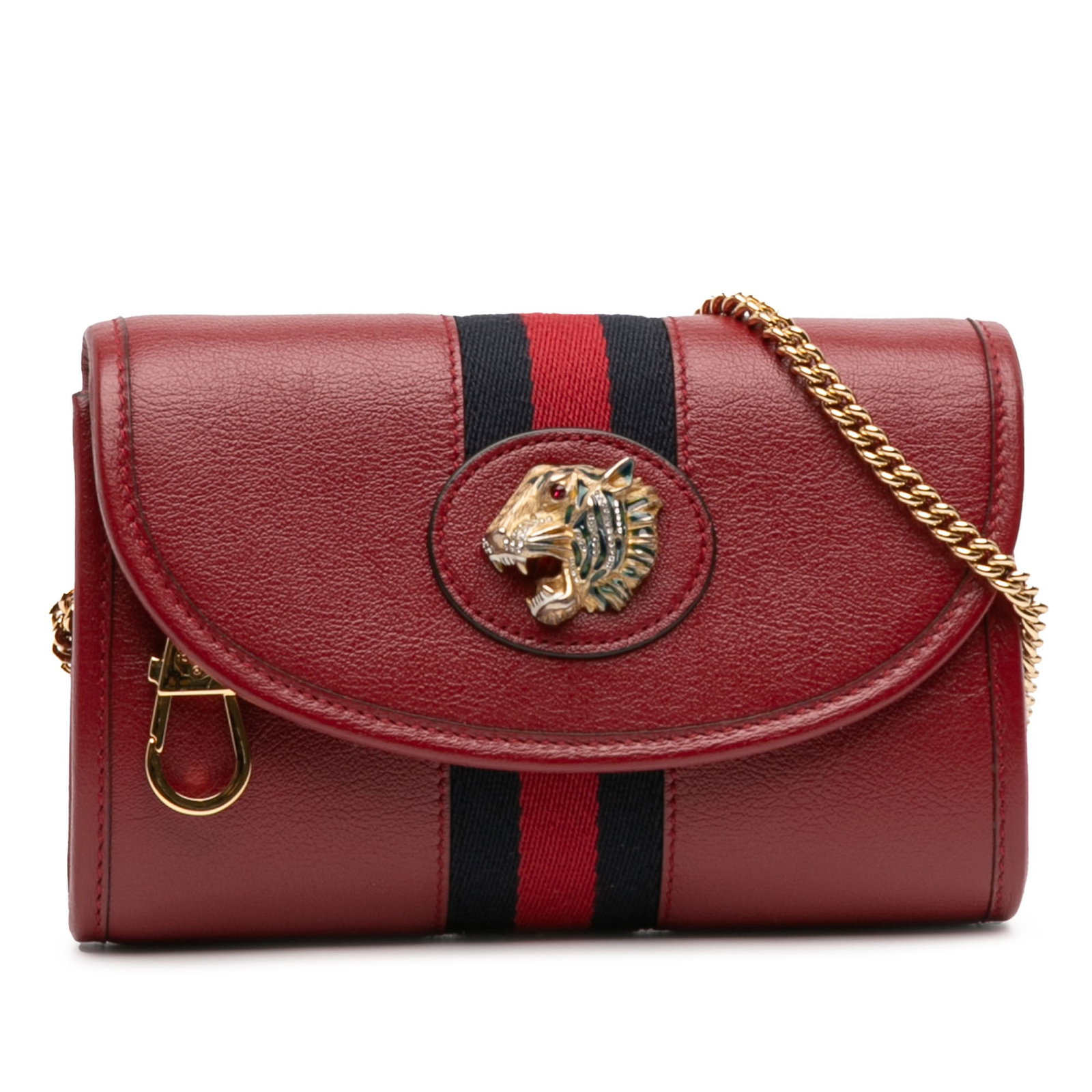 Gucci Rajah Web Chain Mini Crossbody Bag Red Leather: Gucci Rajah Web Chain Mini Crossbody Bag Red Leather This Gucci Mini Leather Rajah Web Chain Crossbody is crafted from red leather and features a chain link strap, a flap with magnetic snap closure, a