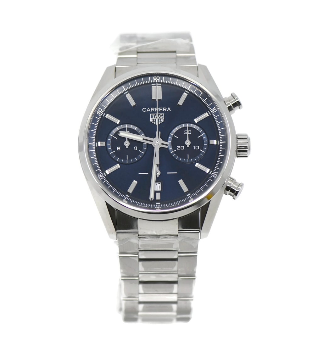 TAG Heuer Carrera 42mm Automatic Chronograph Blue Dial Bracelet Watch: TAG Heuer Carrera 42mm Automatic Chronograph Blue Dial Bracelet Watch This TAG Heuer Carrera Chronograph is a pre-owned men's wristwatch featuring a stainless steel case and bracelet. The watch has a 