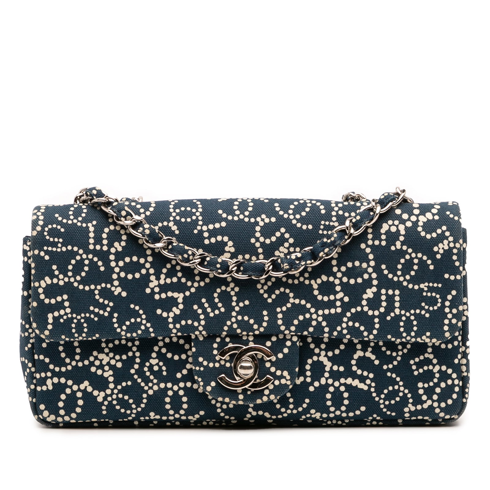 Chanel No 5 Printed Canvas Flap Shoulder Bag: Chanel No 5 Printed Canvas Flap Shoulder Bag This Chanel Small Printed Canvas CC No. 5 Flap shoulder bag features a blue printed canvas body, complemented by a canvas-woven chain strap and a front fla