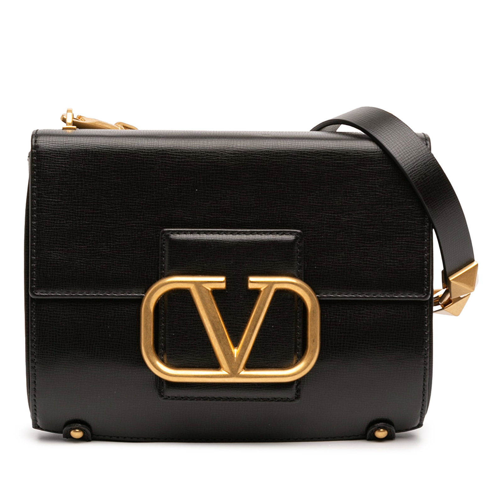 Valentino black leather shoulder bag Stud Sign: Valentino black leather shoulder bag Stud Sign This Valentino Grained Calfskin Stud Sign Shoulder Bag is crafted from black leather and features gold tone hardware. It is designed with a gold tone cha