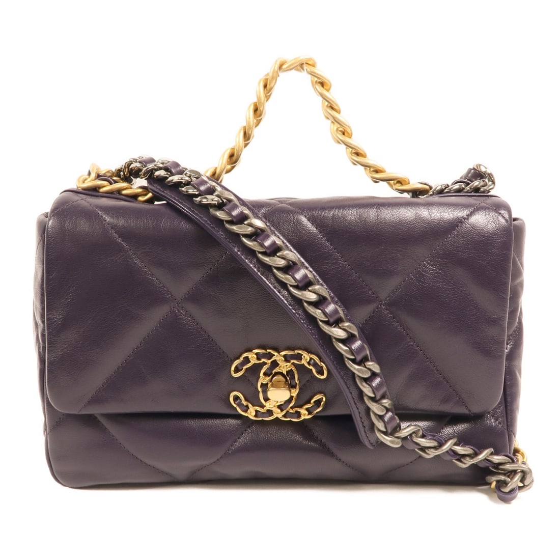 Chanel Small Lambskin C19 Shoulder Bag with Gold Hardware in Purple: Chanel Small Lambskin C19 Shoulder Bag with Gold Hardware in Purple This CHANEL CC small 2-way shoulder bag features luxurious lambskin leather in a dark purple shade. Designed for women, it offers ve