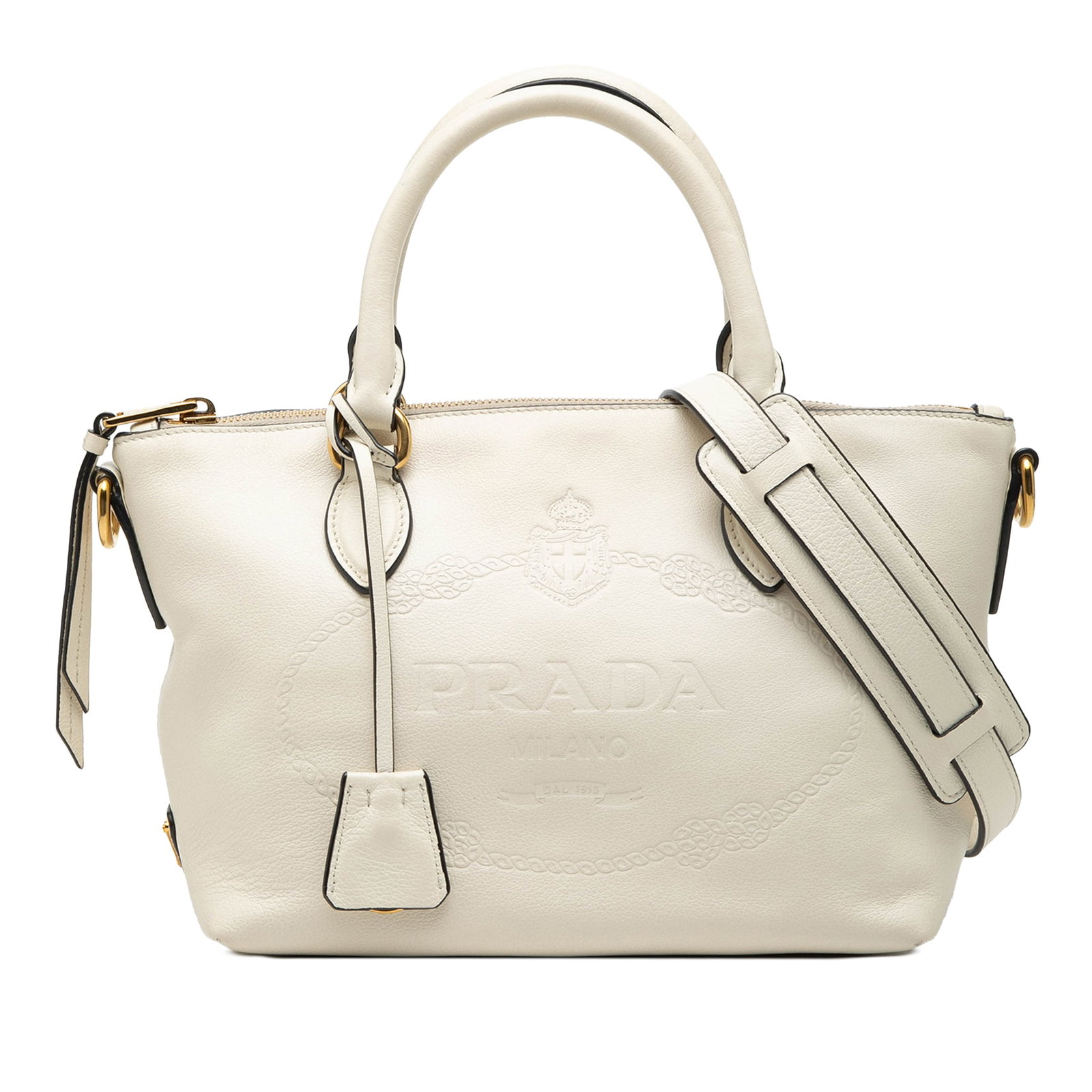 Prada embossed leather convertible satchel with shoulder strap: Prada embossed leather convertible satchel with shoulder strap This Prada Small Embossed Glace Calf Logo Convertible Satchel is crafted from embossed leather and features rolled leather handles, an ad