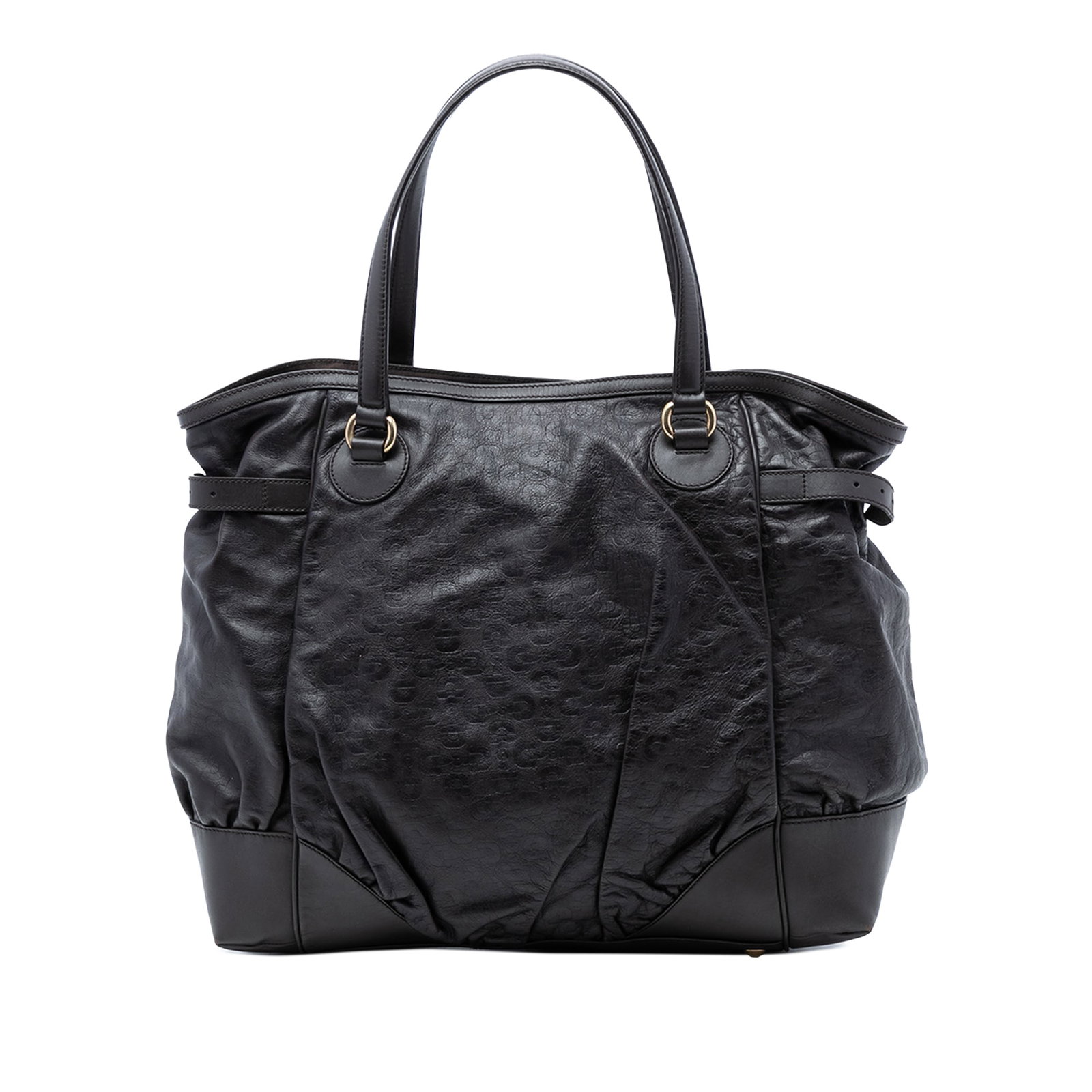 Gucci Full Moon Tote Black Embossed Leather with Horsebit Detail: Gucci Full Moon Tote Black Embossed Leather with Horsebit Detail This Gucci Embossed Leather Horsebit Full Moon Tote features a black embossed leather body with flat leather straps and an open top sec