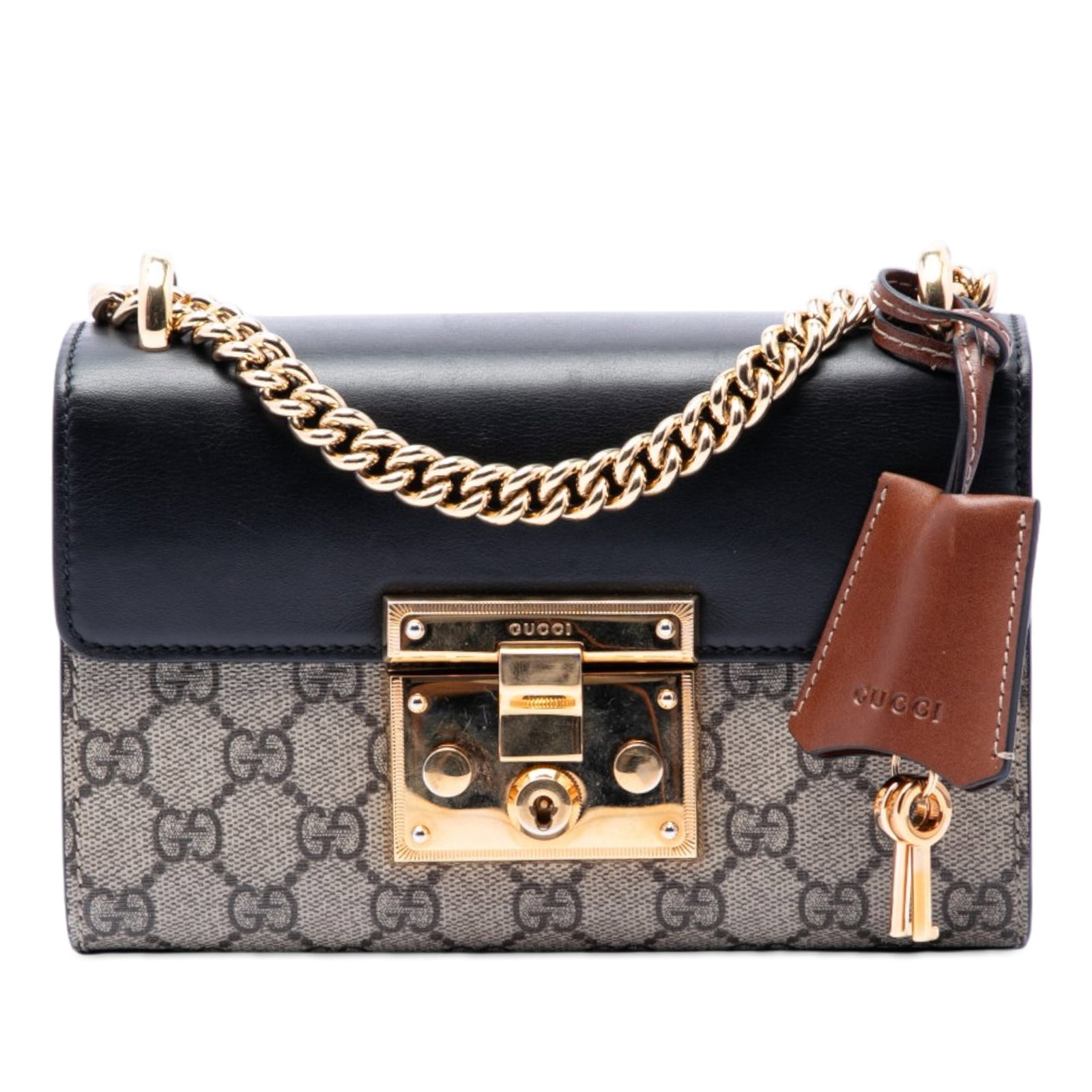 Gucci Padlock GG Supreme Beige Crossbody Bag: Gucci Padlock GG Supreme Beige Crossbody Bag This Gucci Small GG Supreme Padlock Crossbody bag is crafted from coated canvas and features a chain link strap, a front flap with a secure S-lock closure,