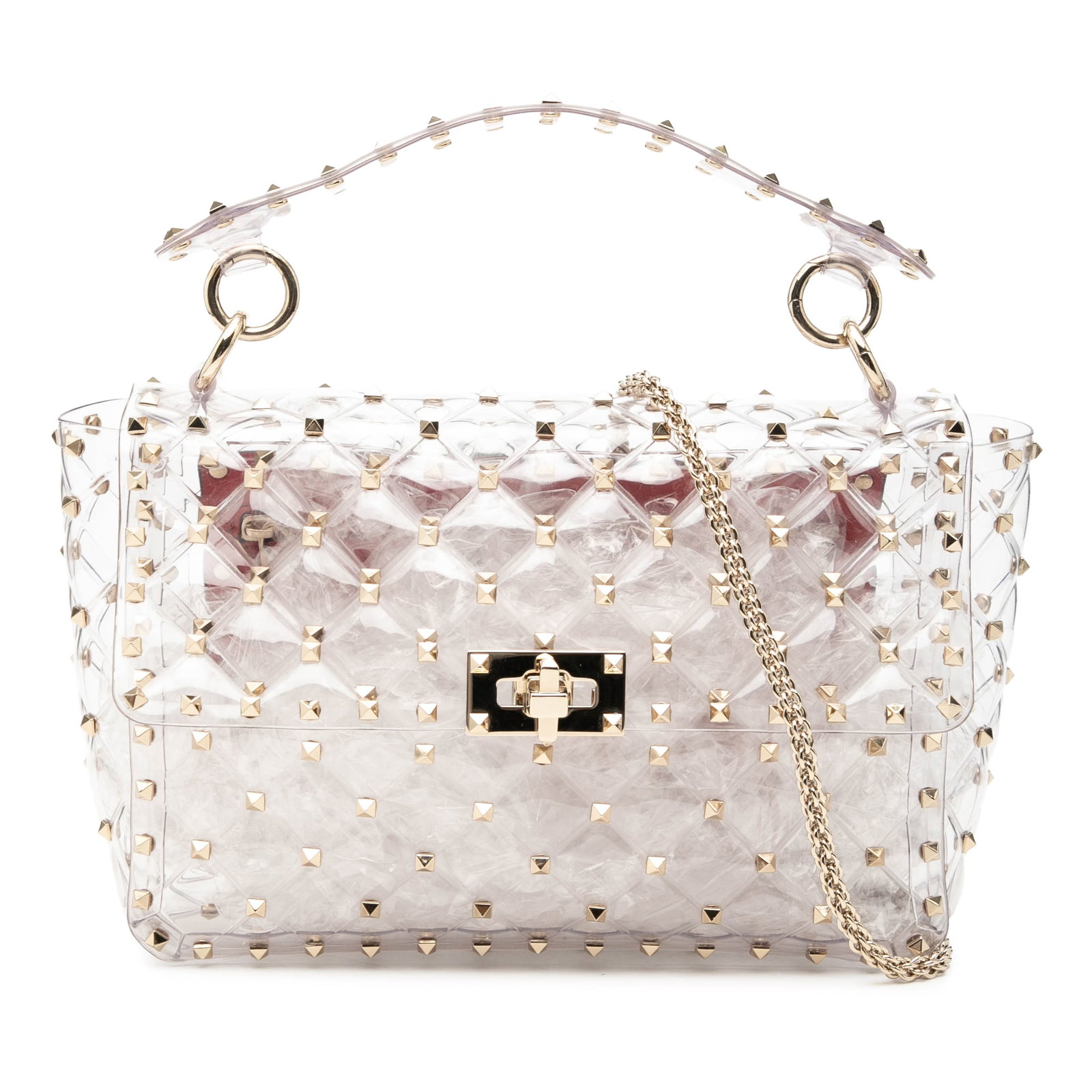 Valentino Rockstud Spike white PVC satchel with chain strap: Valentino Rockstud Spike white PVC satchel with chain strap This Valentino Medium PVC Rockstud Spike Satchel features a studded plastic body in white, complemented by a gold tone chain strap and a fla