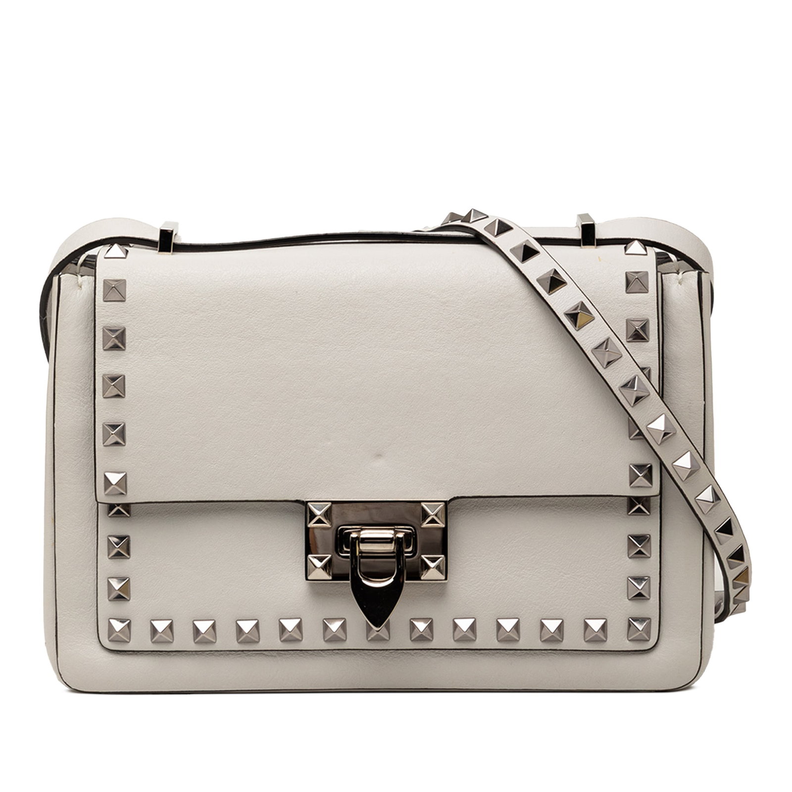 Valentino Rockstud gray leather crossbody bag: Valentino Rockstud gray leather crossbody bag This Valentino Leather Rockstud Flip Lock Crossbody bag is crafted from leather and features iconic stud details. It includes an adjustable flat leather s