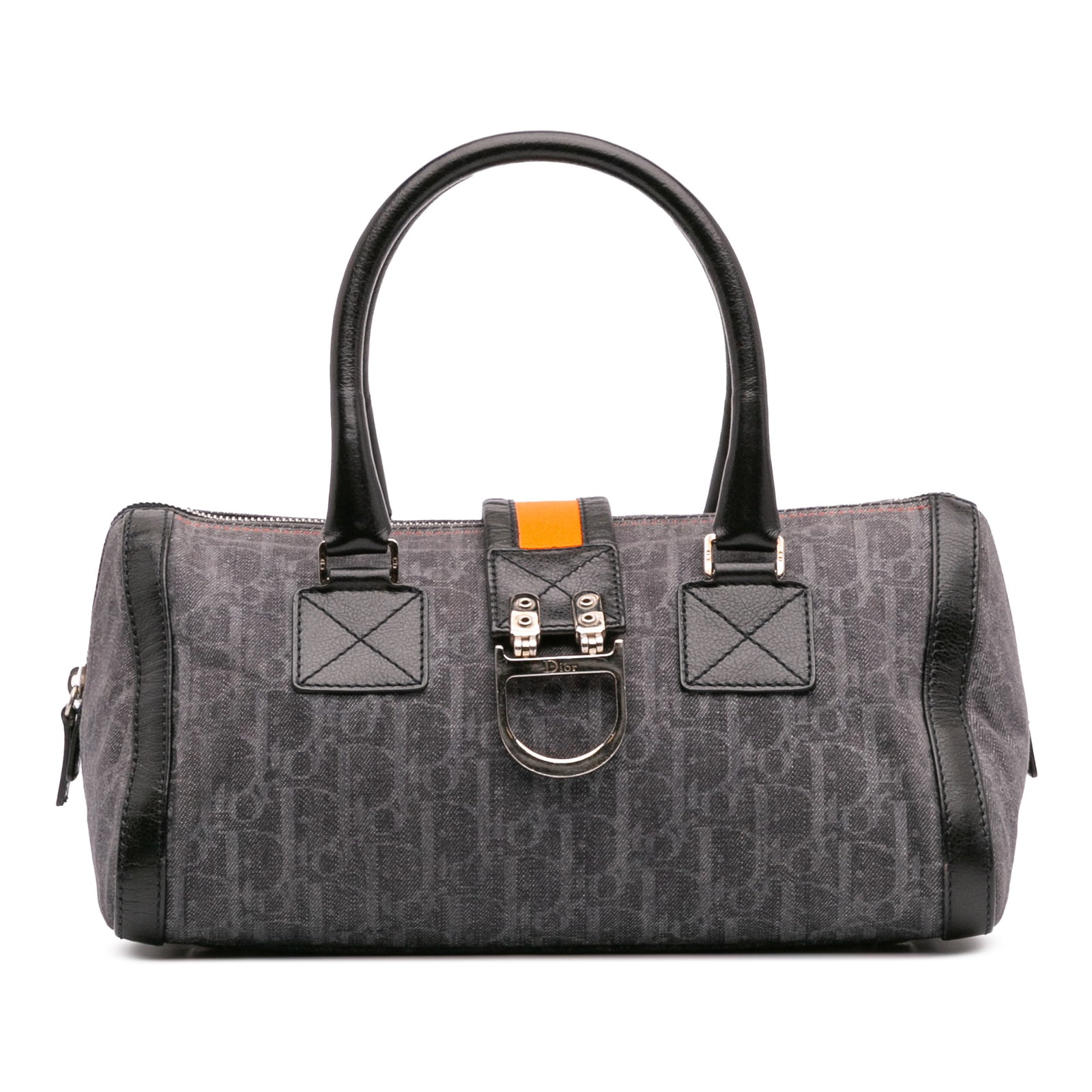 Dior Denim Boston Bag with Leather Trim: Dior Denim Boston Bag with Leather Trim This Diorissimo Trotter Denim Flight Boston Bag features a blue denim body with leather trim, rolled leather handles, a strap with D hardware, and a top zip clo