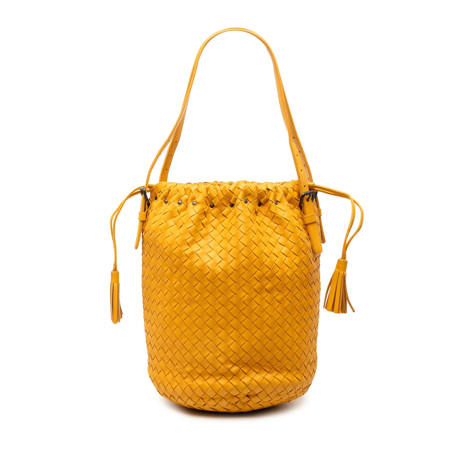Bottega Veneta Orange Nappa Leather Woven Drawstring Bucket Bag: Bottega Veneta Orange Nappa Leather Woven Drawstring Bucket Bag This Bottega Veneta Nappa Intrecciato Drawstring Bucket Bag features a woven nappa leather construction in orange, adjustable flat leath