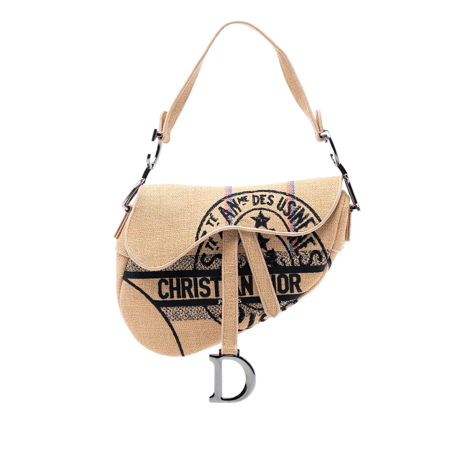 Mini Saddle Bag in Embroidered Jute Canvas by Dior: Mini Saddle Bag in Embroidered Jute Canvas by Dior This Dior Mini Embroidered Jute Canvas Union Saddle Bag features an intricately embroidered jute fabric body, a flat strap, and a front flap secured 