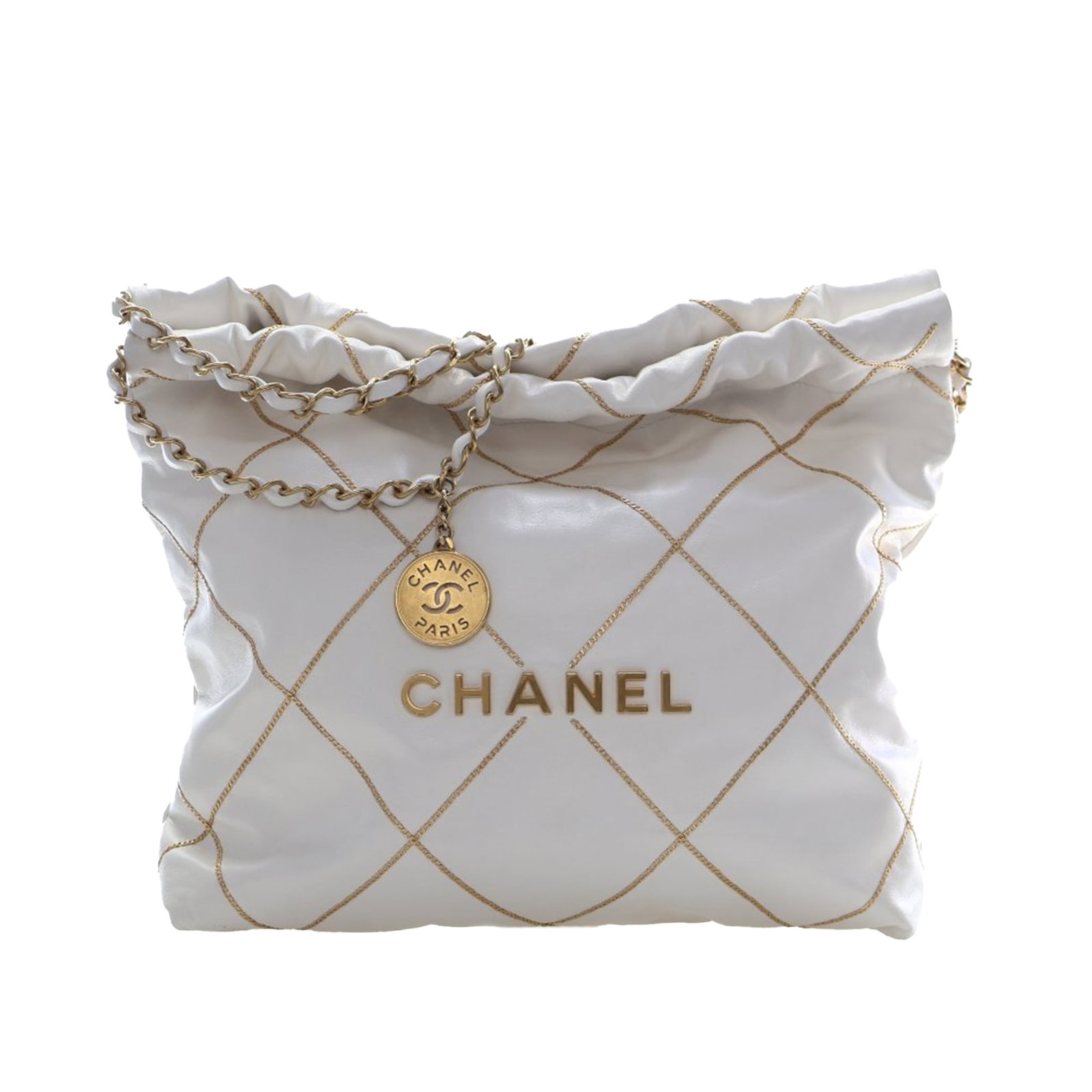 Chanel Chain 22 White Leather Small Shoulder Bag with Quilted Calfskin: Chanel Chain 22 White Leather Small Shoulder Bag with Quilted Calfskin This Chanel Small Quilted Shiny Calfskin Chain 22 Handbag features a quilted shiny calfskin leather body in white, complemented b