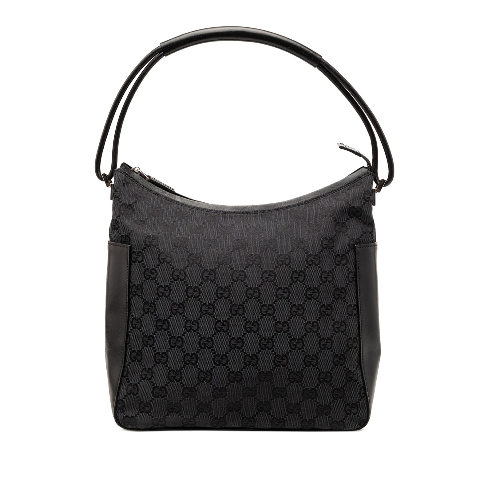 Gucci GG Canvas Black Shoulder Bag Leather Trim: Gucci GG Canvas Black Shoulder Bag Leather Trim This Gucci GG Canvas Handbag is crafted in Italy and features a canvas body with leather trim. It is designed with a rolled leather handle, a top zip cl