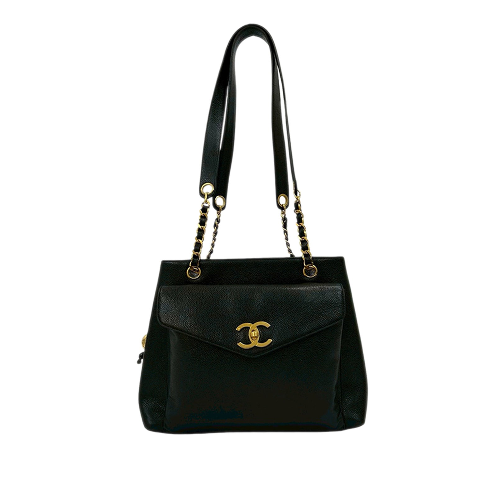 Chanel black caviar leather chain tote with front pocket: Chanel black caviar leather chain tote with front pocket This Chanel CC Caviar Front Pocket Chain Tote is crafted from black caviar leather and features gold-tone leather-woven chain link straps with 