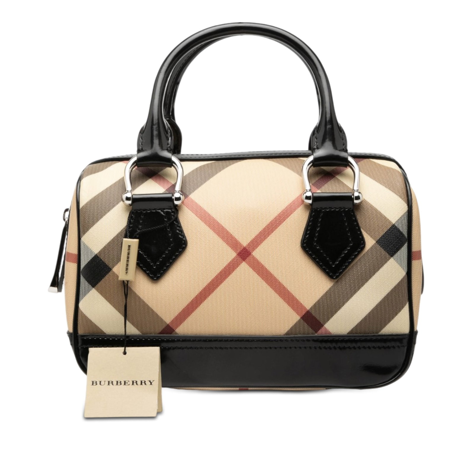 Burberry Supernova Check coated canvas bowling bag: Burberry Supernova Check coated canvas bowling bag This Burberry Small Supernova Check Bowling Bag features a coated canvas body with patent leather trim and rolled leather handles. The bag is equippe