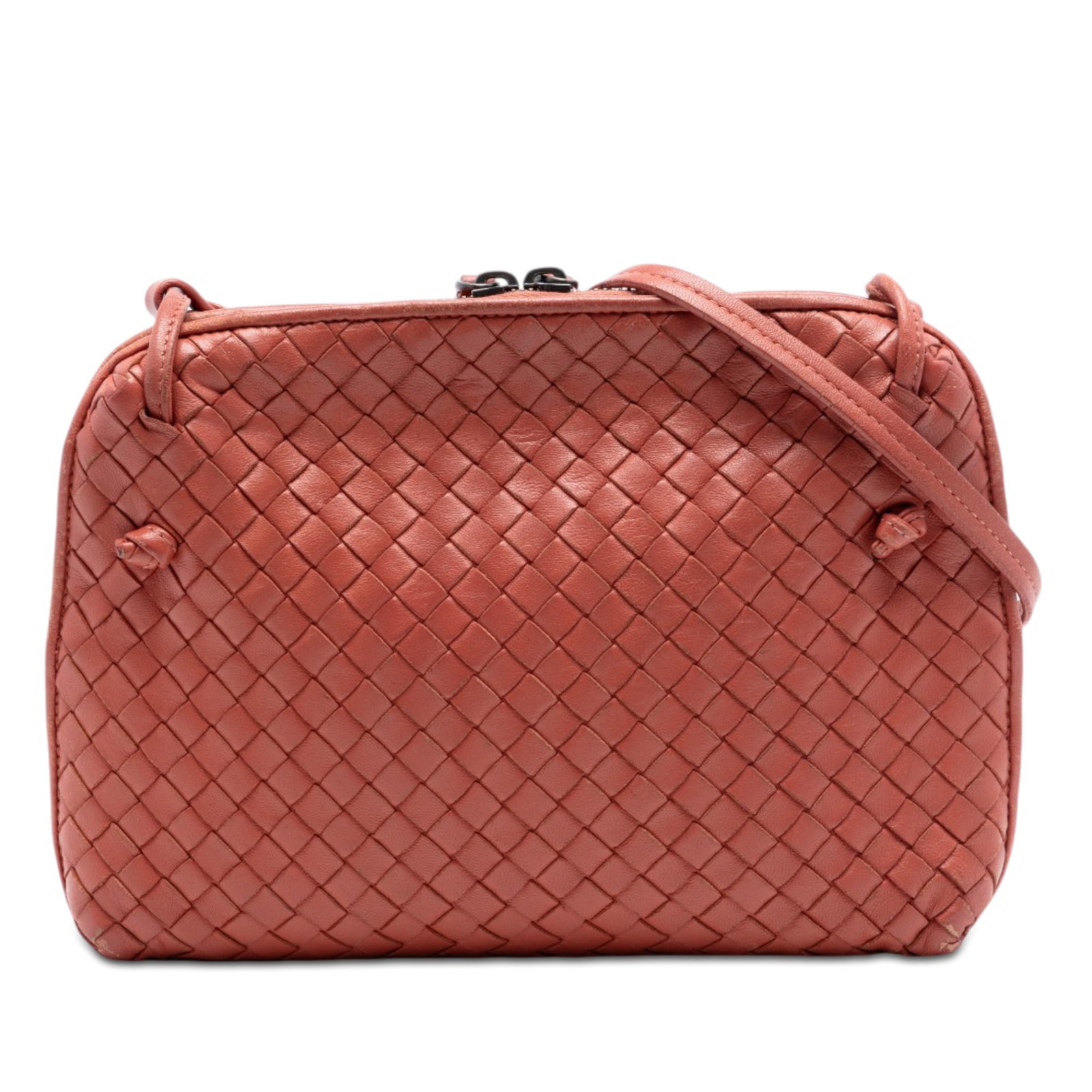 Bottega Veneta red leather Nodini crossbody bag: Bottega Veneta red leather Nodini crossbody bag This Bottega Veneta Nappa Intrecciato Nodini Crossbody features the brand's signature woven leather design in red. It is crafted with a flat leather str
