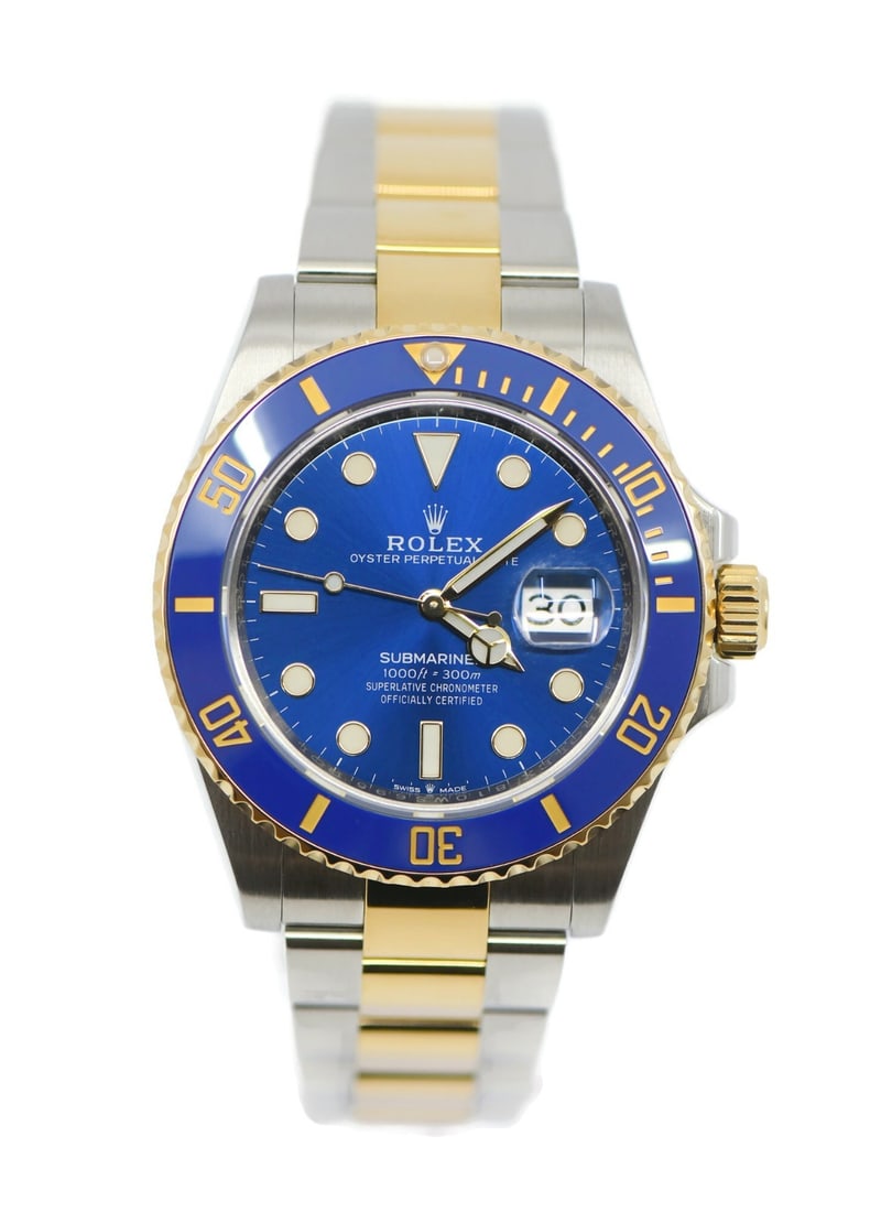 Rolex Submariner Blue Dial 18K Gold Stainless Steel 41mm Ref 126613LB Watch: Rolex Submariner Blue Dial 18K Gold Stainless Steel 41mm Ref 126613LB Watch This Rolex Submariner 18K and stainless steel wristwatch, reference 126613LB, features a polished 41 mm case and a striking 