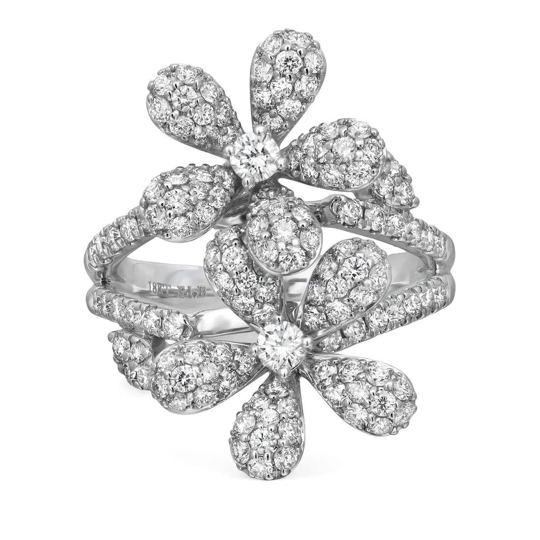 Rachel Koen 18K White Gold Two Flowers Diamond Ring 1.60ctw Size 6: Rachel Koen 18K White Gold Two Flowers Diamond Ring 1.60ctw Size 6 This stunning Rachel Koen two flowers diamond cocktail ring is crafted from luxurious 18K white gold, showcasing a unique floral desi