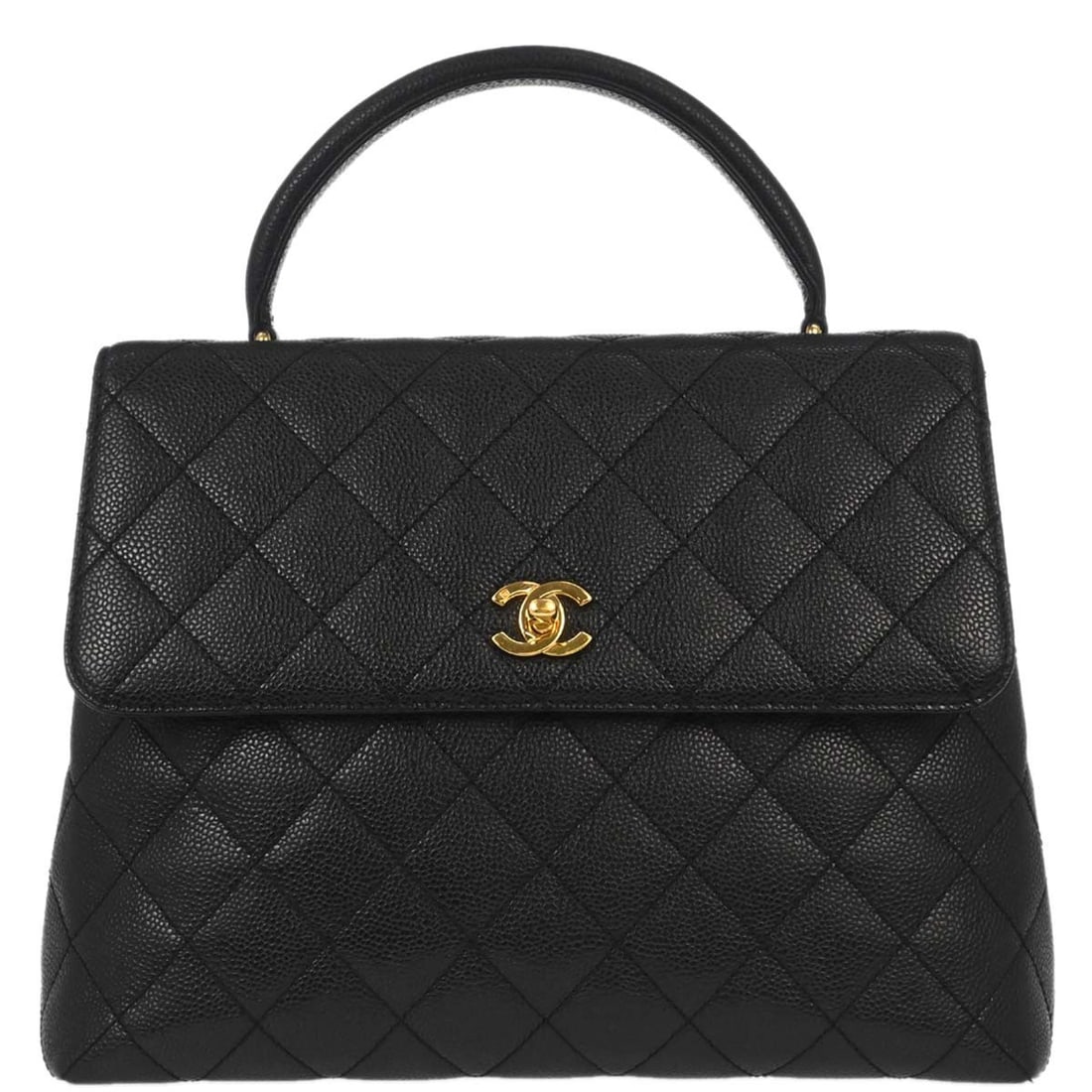 Chanel Caviar Leather Large Black Top Handle Bag with Turnlock: Chanel Caviar Leather Large Black Top Handle Bag with Turnlock This Chanel top handle handbag is crafted from black calfskin leather and features a structured silhouette with a turnlock closure. The b