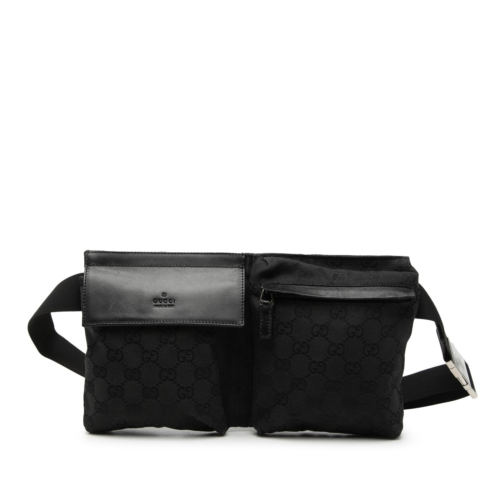 Gucci GG Canvas waist bag with double pockets: Gucci GG Canvas waist bag with double pockets This Gucci GG Canvas Double Pocket Belt Bag features a durable canvas body with the iconic GG pattern, an adjustable waist strap for a customizable fit, a