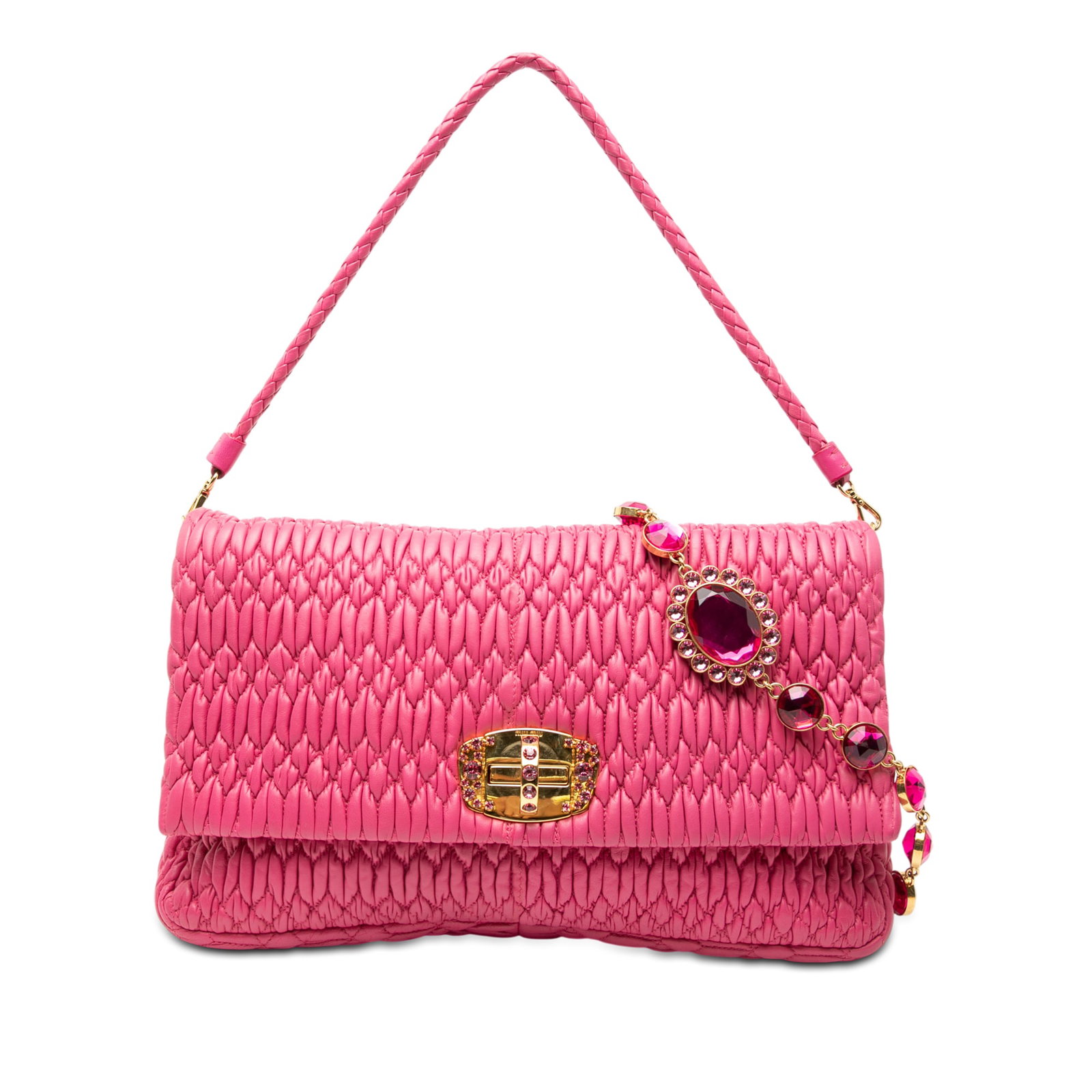 Pink Matelasse Leather Satchel with Crystal Chain by Miu Miu: Pink Matelasse Leather Satchel with Crystal Chain by Miu Miu This Miu Miu Matelasse Nappa Crystal Chain Satchel features a gathered nappa leather body in pink, complemented by a detachable chain shoul