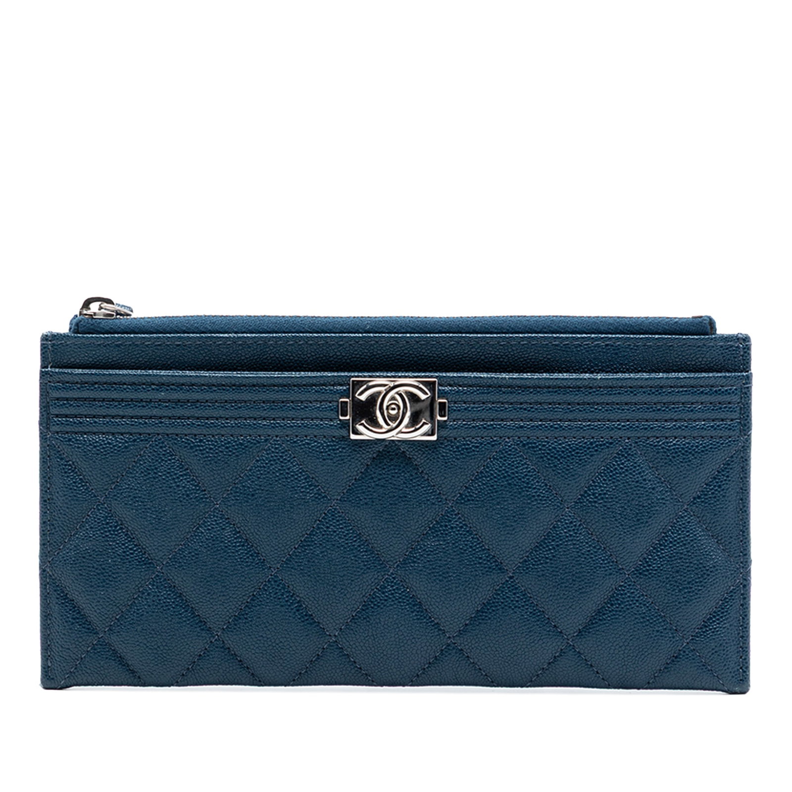 Chanel Blue Quilted Caviar Leather Boy Pouch: Chanel Blue Quilted Caviar Leather Boy Pouch This Chanel Boy pouch features a blue quilted caviar leather body, a top zip closure, an exterior front slip compartment, and interior slip pockets. The po
