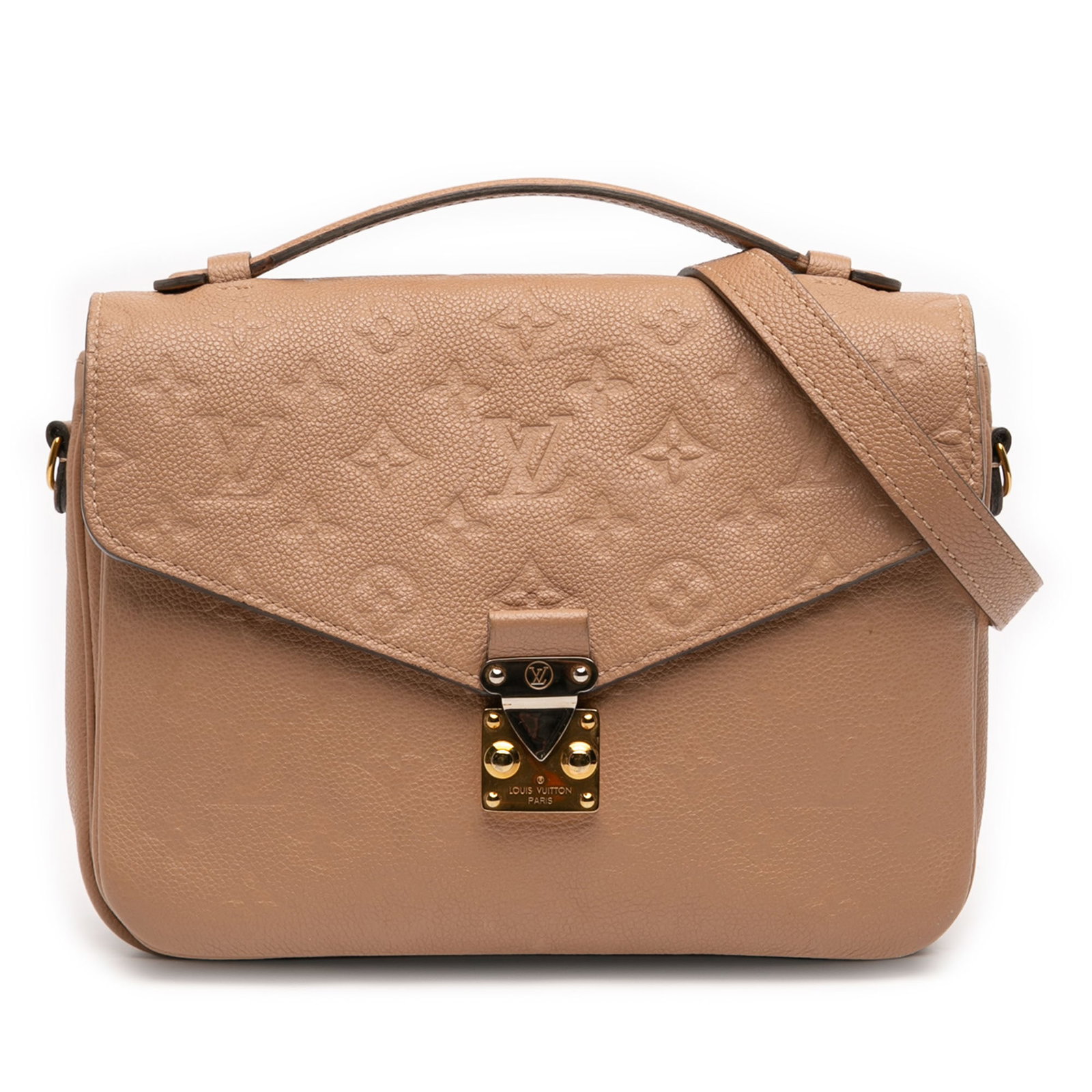 Louis Vuitton Pochette Metis Monogram Empreinte Leather Bag: Louis Vuitton Pochette Metis Monogram Empreinte Leather Bag This Louis Vuitton Monogram Empreinte Pochette Metis features a beige monogram-embossed leather body, a flat top handle, and a detachable fl