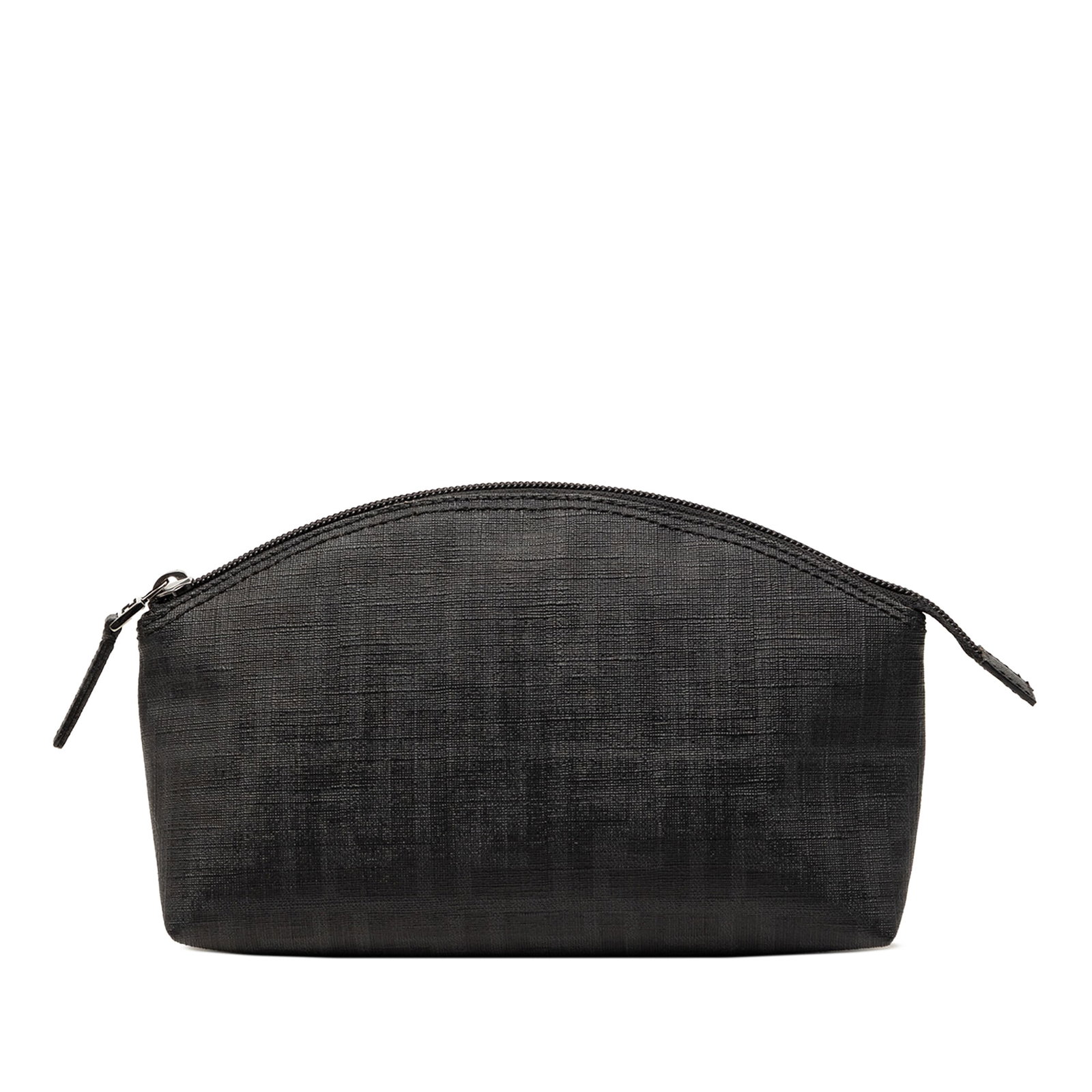 Fendi Zucca Black Coated Canvas Zip Cosmetic Pouch: Fendi Zucca Black Coated Canvas Zip Cosmetic Pouch This Fendi Zucca Coated Canvas Cosmetic Pouch features a canvas body and a top zip closure. It is designed in black fabric and showcases Fendi's sign