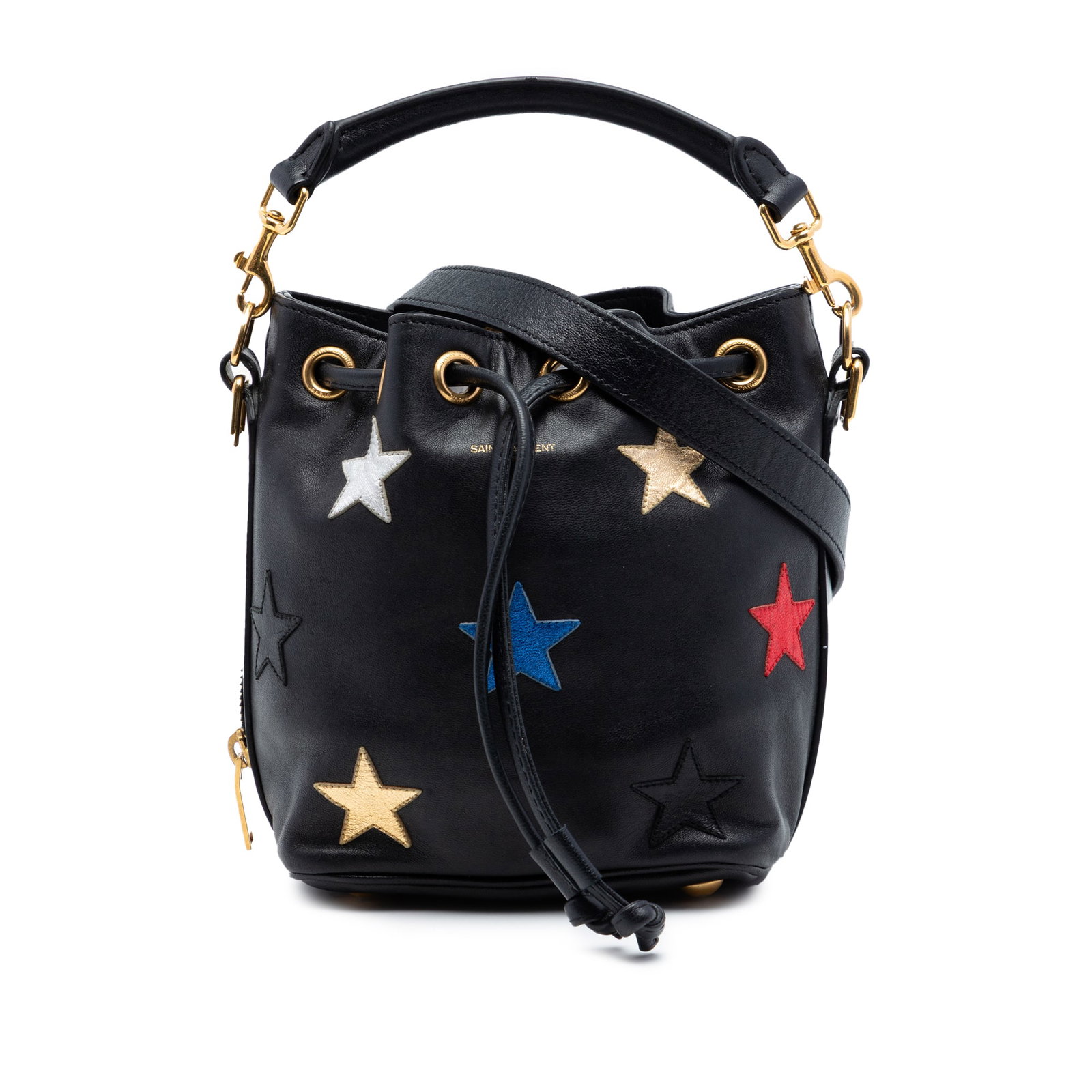 Saint Laurent Emmanuelle black calfskin bucket bag star patchwork: Saint Laurent Emmanuelle black calfskin bucket bag star patchwork This Saint Laurent Small Calfskin Star Patchwork Emmanuelle Bucket Bag features a distinctive leather body adorned with star patchwork