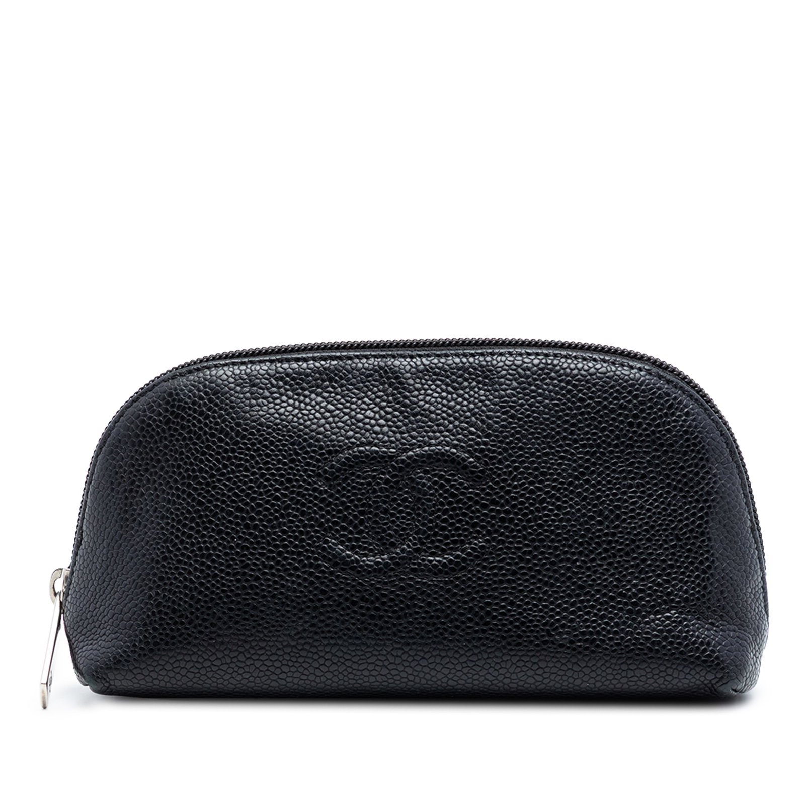Chanel CC Caviar Leather Zip Cosmetic Pouch: Chanel CC Caviar Leather Zip Cosmetic Pouch This Chanel CC Caviar Cosmetic Pouch features a durable caviar leather body in black and is designed with a top zip closure. The pouch is made in France and