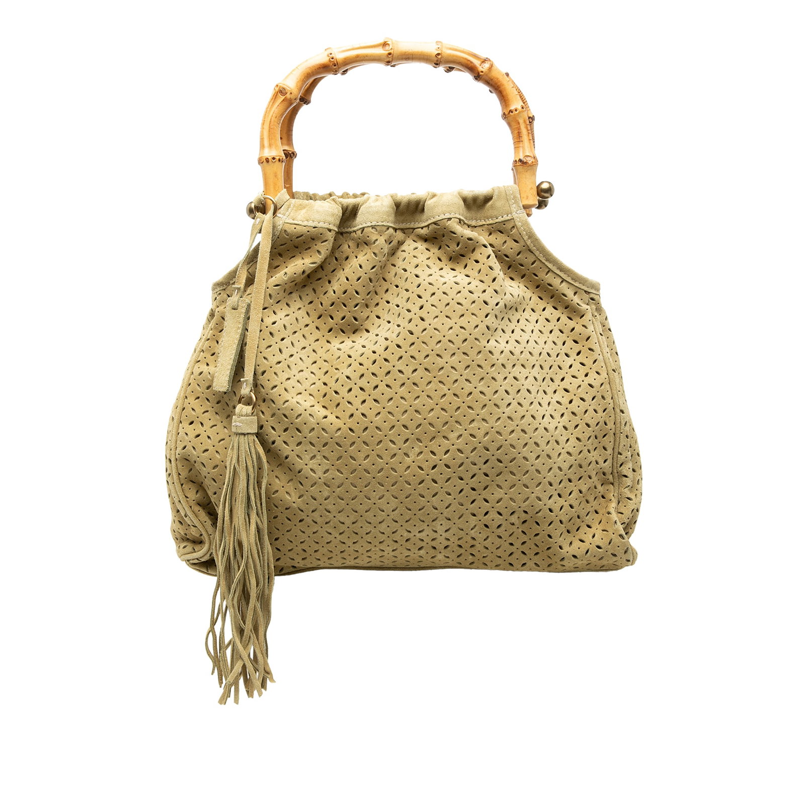 Miu Miu bamboo handle suede leather handbag: Miu Miu bamboo handle suede leather handbag This Miu Miu Laser Cut Suede Bamboo Top Handle Bag features a beige laser-cut suede leather body with distinctive bamboo top handles. The bag has an open to