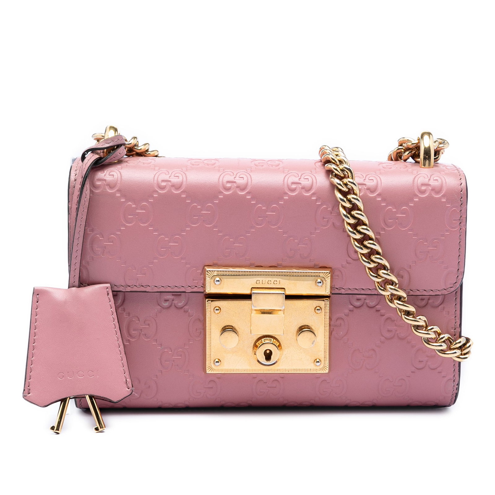 Gucci Padlock Pink Leather Guccissima Small Crossbody Bag with Gold Chain: Gucci Padlock Pink Leather Guccissima Small Crossbody Bag with Gold Chain This Small Guccissima Padlock crossbody bag features embossed leather in a pink hue, gold-tone chain straps, a front flap with