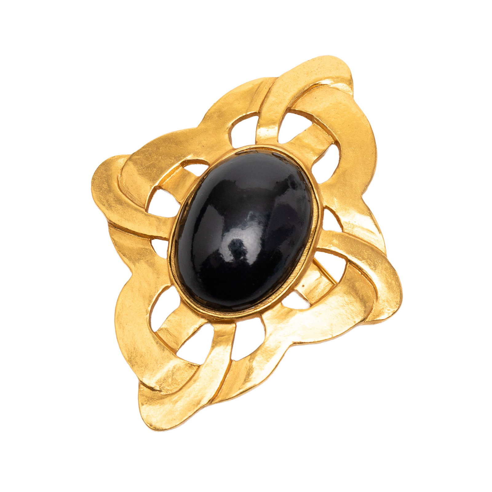 Chanel Gripoix Gold Plated Costume Brooch: Chanel Gripoix Gold Plated Costume Brooch This Chanel brooch features a gold-plated metal body adorned with a black Gripoix embellishment. It is designed with a bar-pin closure and is categorized as a