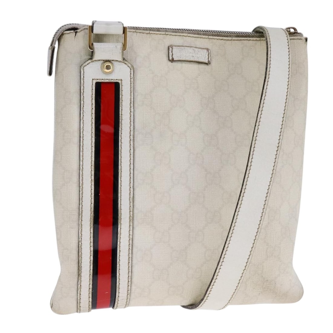 Gucci GG Supreme White Red PVC Leather Shoulder Bag Italy 153244: Gucci GG Supreme White Red PVC Leather Shoulder Bag Italy 153244 This GUCCI GG Supreme shoulder bag features a white, red, and gold color scheme with PVC leather and GG canvas exterior. Designed for w