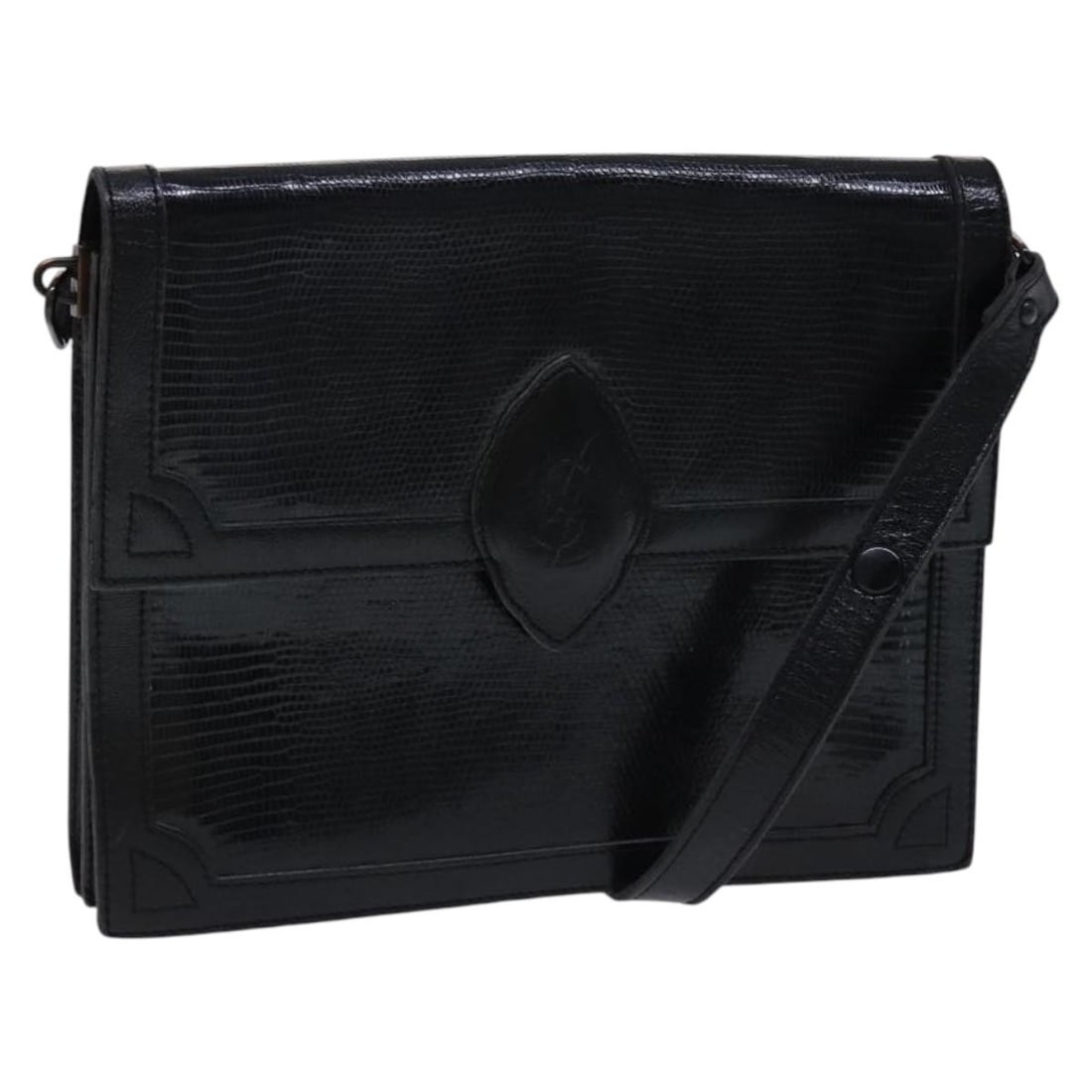Black Leather Shoulder Bag by Saint Laurent Embossed Design: Black Leather Shoulder Bag by Saint Laurent Embossed Design This is a SAINT LAURENT women's shoulder bag crafted from embossed black leather. The bag features a structured silhouette with a flap closu