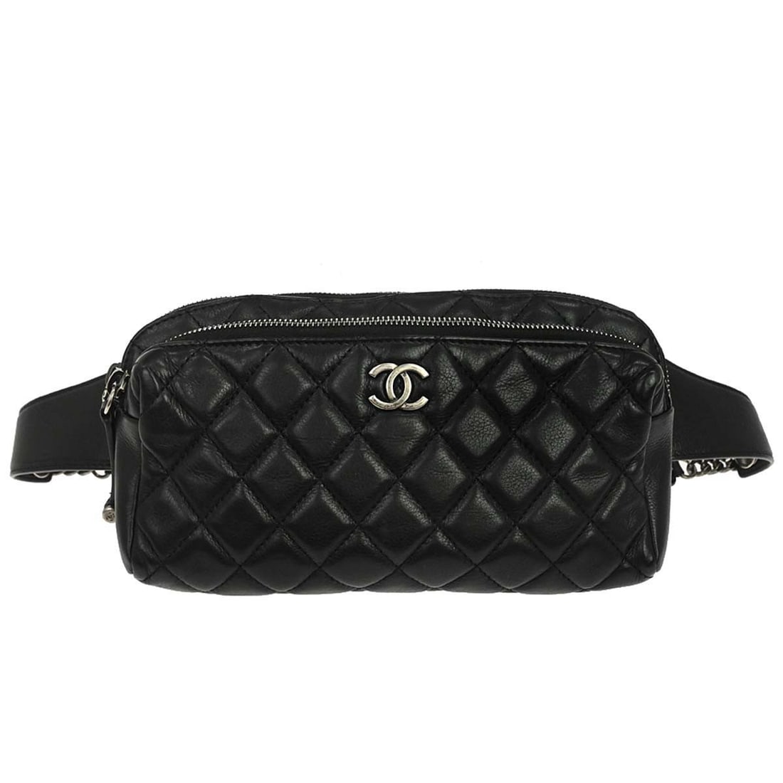 CHANEL Matelasse Black Leather Bum Bag: CHANEL Matelasse Black Leather Bum Bag This Chanel black calfskin bum bag features a signature matelasse quilted pattern and a prominent logo accent. Designed in a compact size, it offers a zip closur