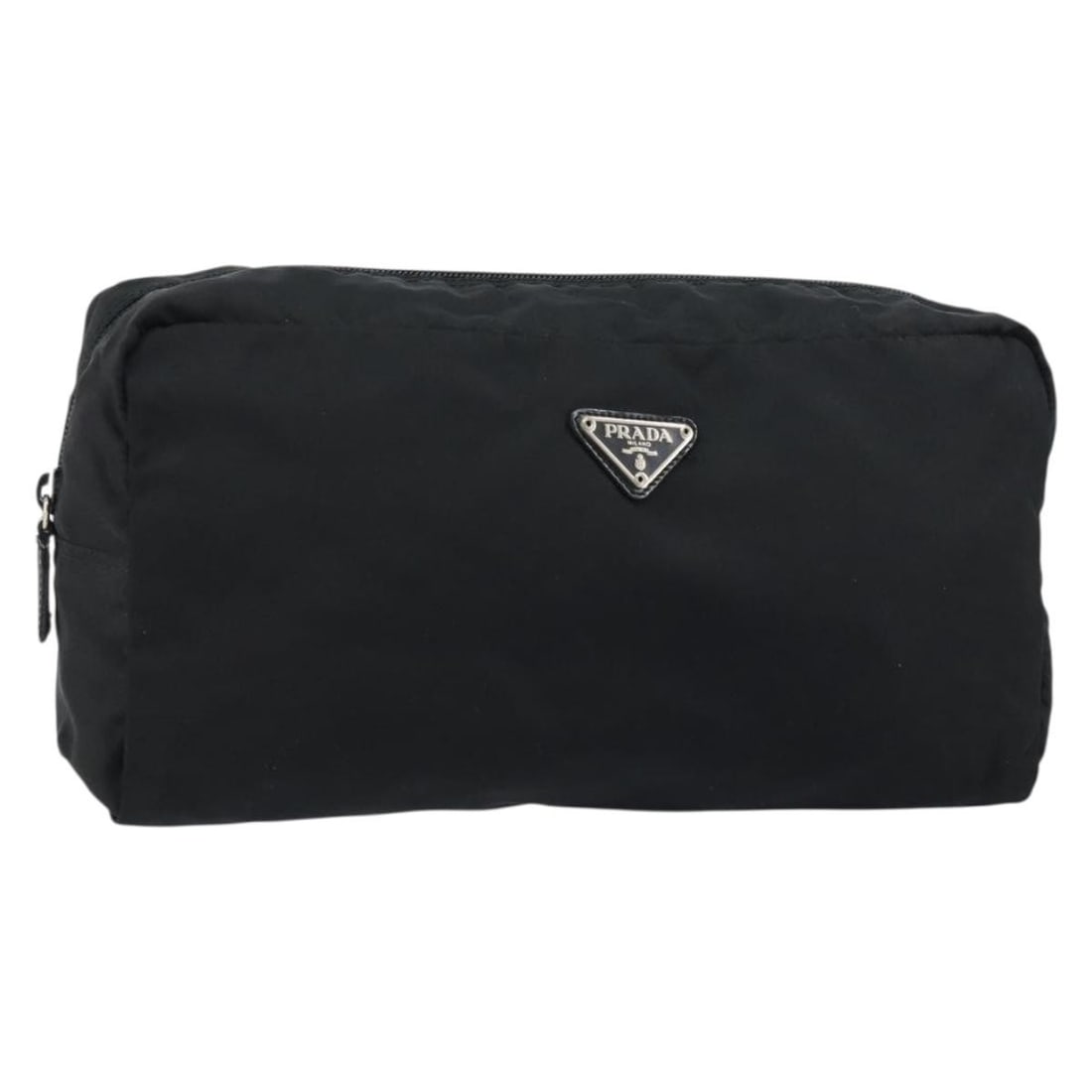 Prada nylon black silver pouch bag Italy: Prada nylon black silver pouch bag Italy This Prada pouch is crafted from black nylon with silver accents and is designed for women. Made in Italy, it features a spacious interior and a sleek exterior