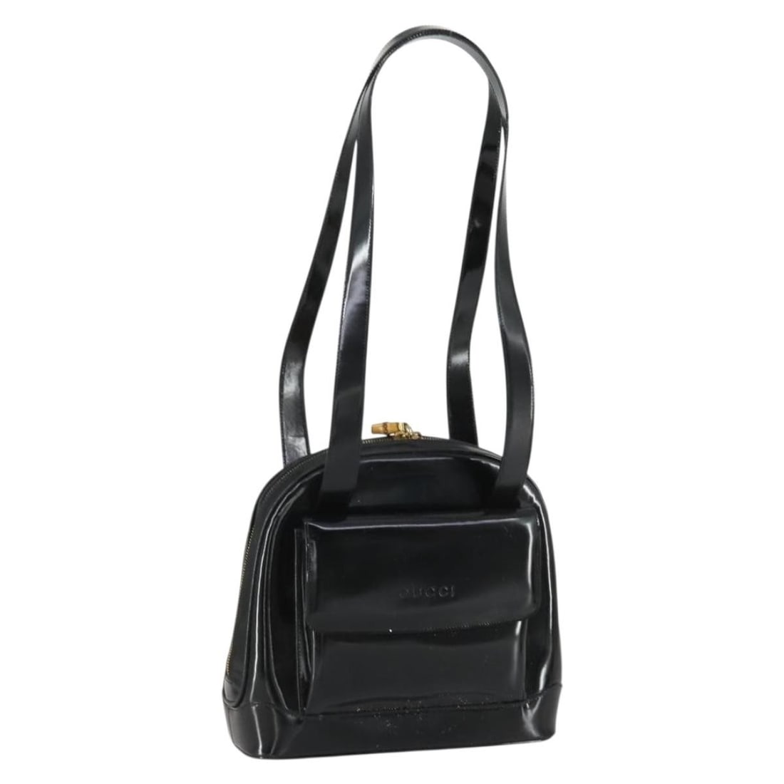 Gucci 001 1075 1650 0 Black and Gold Enamel Shoulder Bag with Dust Bag: Gucci 001 1075 1650 0 Black and Gold Enamel Shoulder Bag with Dust Bag This GUCCI shoulder bag features a black and gold enamel exterior with a structured silhouette. Made in Italy, the bag includes a