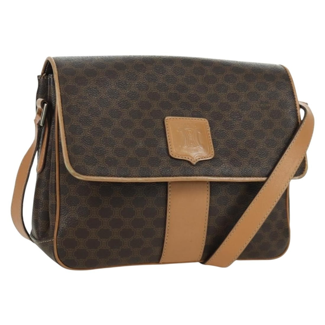 Celine Macadam Brown PVC and Leather Shoulder Bag Gold Accents: Celine Macadam Brown PVC and Leather Shoulder Bag Gold Accents This Celine shoulder bag features the signature Macadam canvas accented with PVC leather in a brown and gold color scheme. Designed for w