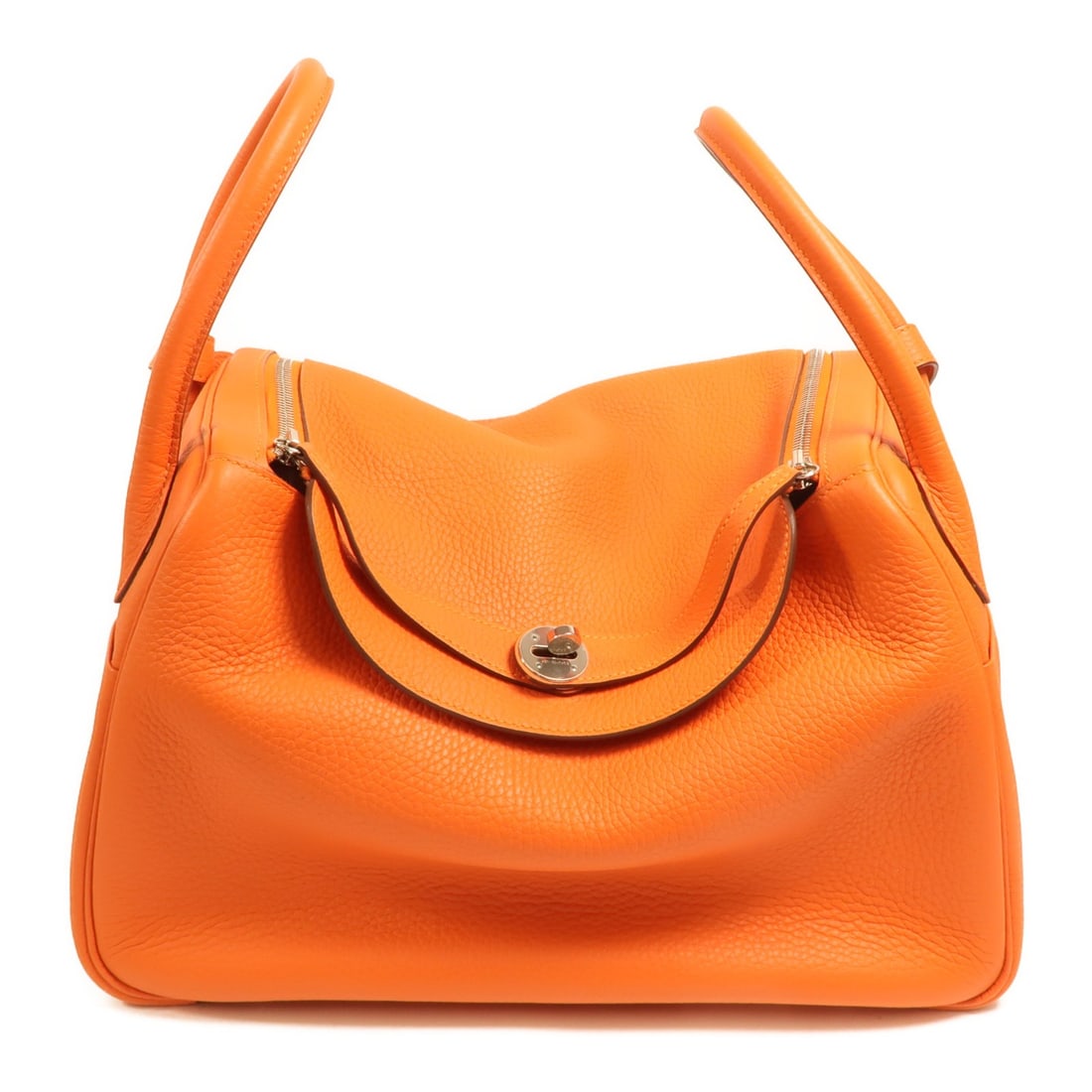 Hermes Lindy 34 Orange Clemence Leather Shoulder Bag with Palladium Hardware: Hermes Lindy 34 Orange Clemence Leather Shoulder Bag with Palladium Hardware This Hermes Lindy 34 is a versatile 2-way shoulder handbag crafted from Taurillon Clemence leather in an eye-catching orang