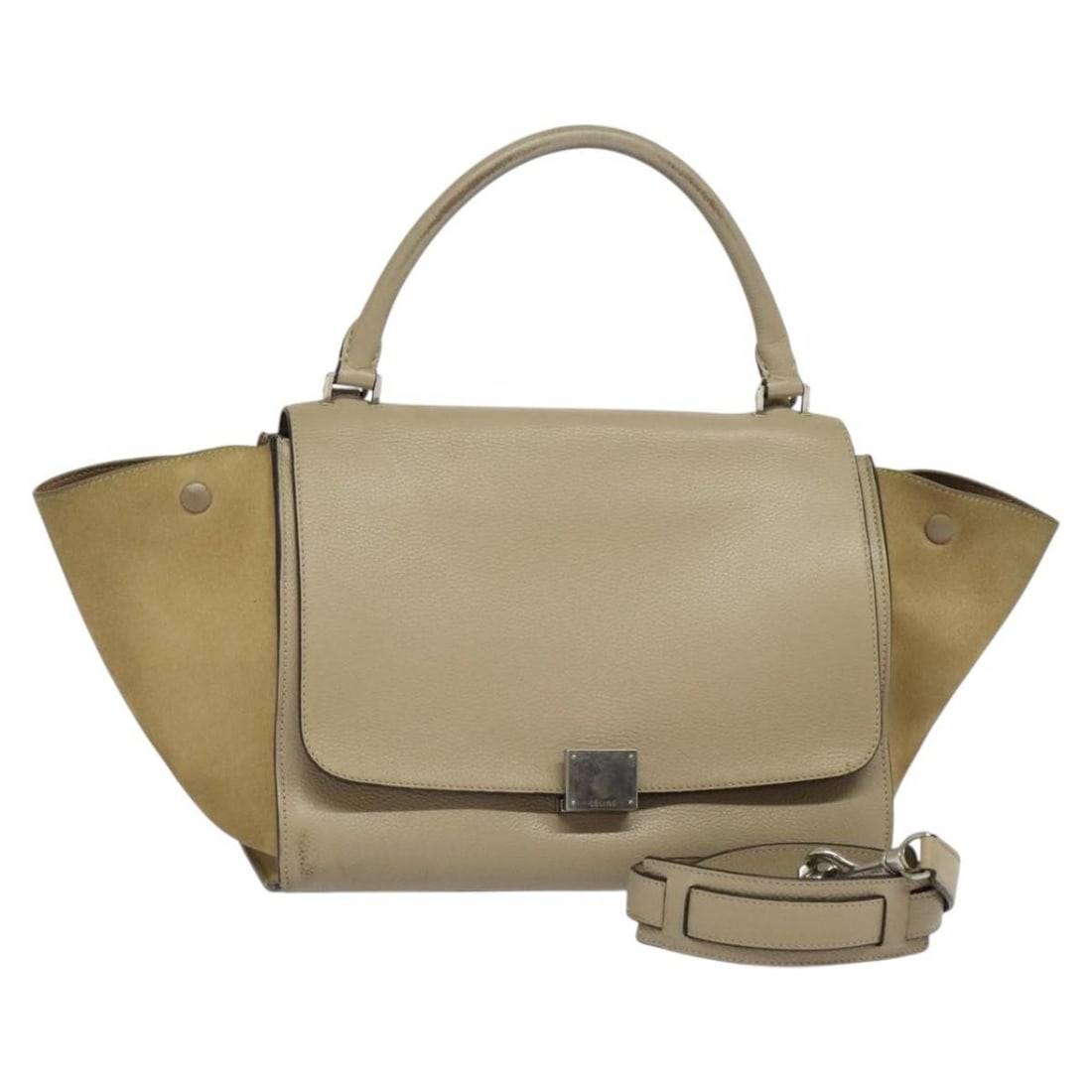 Celine Trapeze Leather Shoulder and Handbag in Beige with Silver Hardware: Celine Trapeze Leather Shoulder and Handbag in Beige with Silver Hardware This CELINE Trapeze hand bag features a beige and silver leather exterior and offers versatile carrying options with both hand